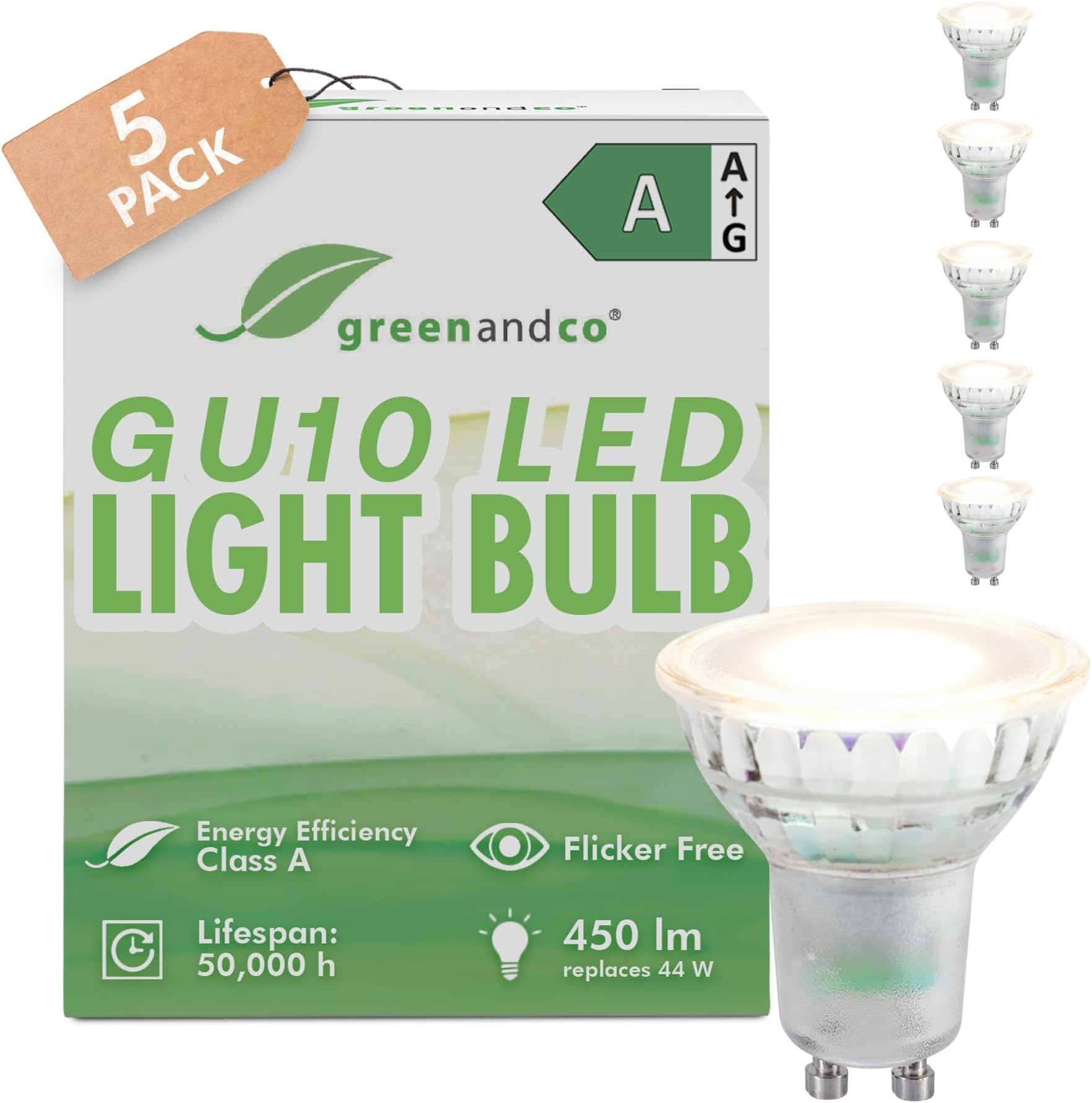 greenandco 5 x LED spotlights, GU10, 2.5 W, 450 lm, 4000 K, neutral white, 36°, 230 V, flicker-free, energy efficiency class A, not dimmable
