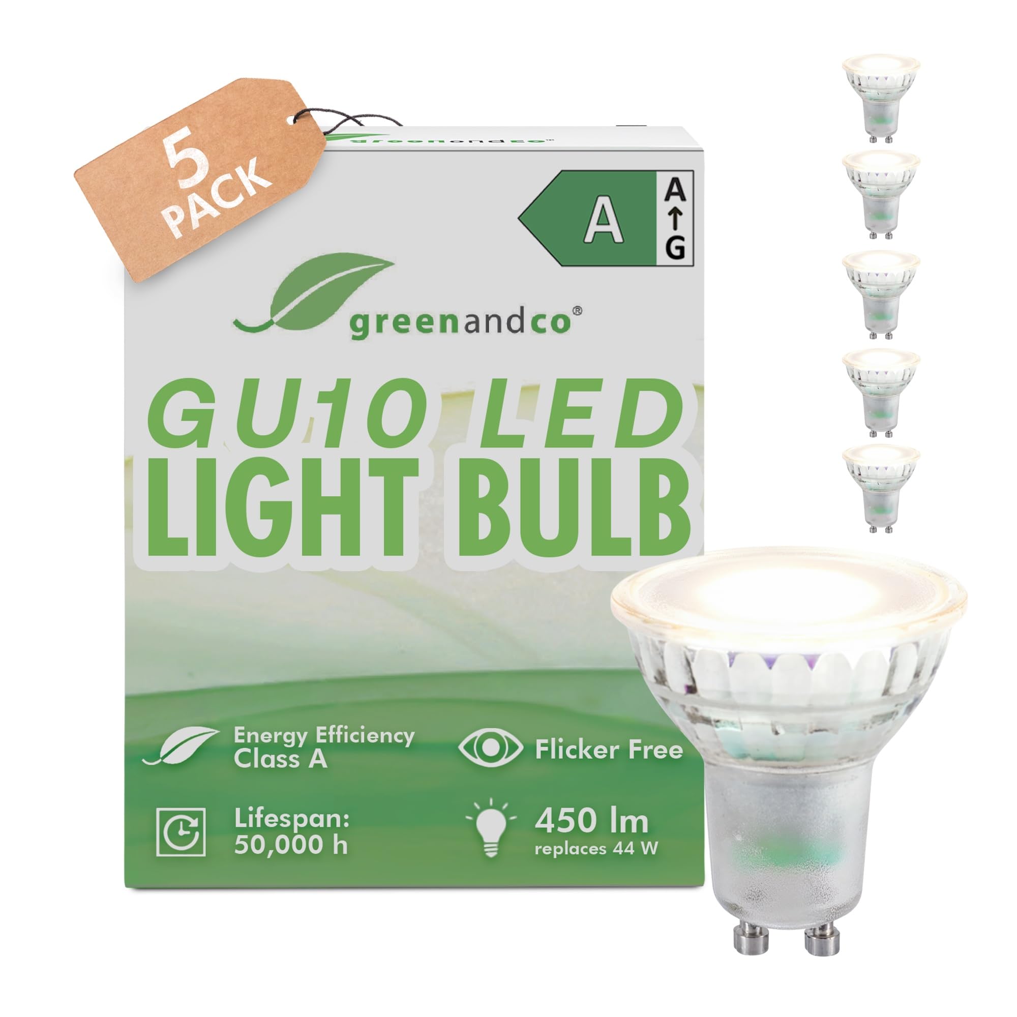 greenandco 5 x GU10 | replaces 44 W | warm white 3000 K | 2.5 W 450 lm | 36° | flicker-free | energy efficiency class A | 230 V LED spot | not dimmable