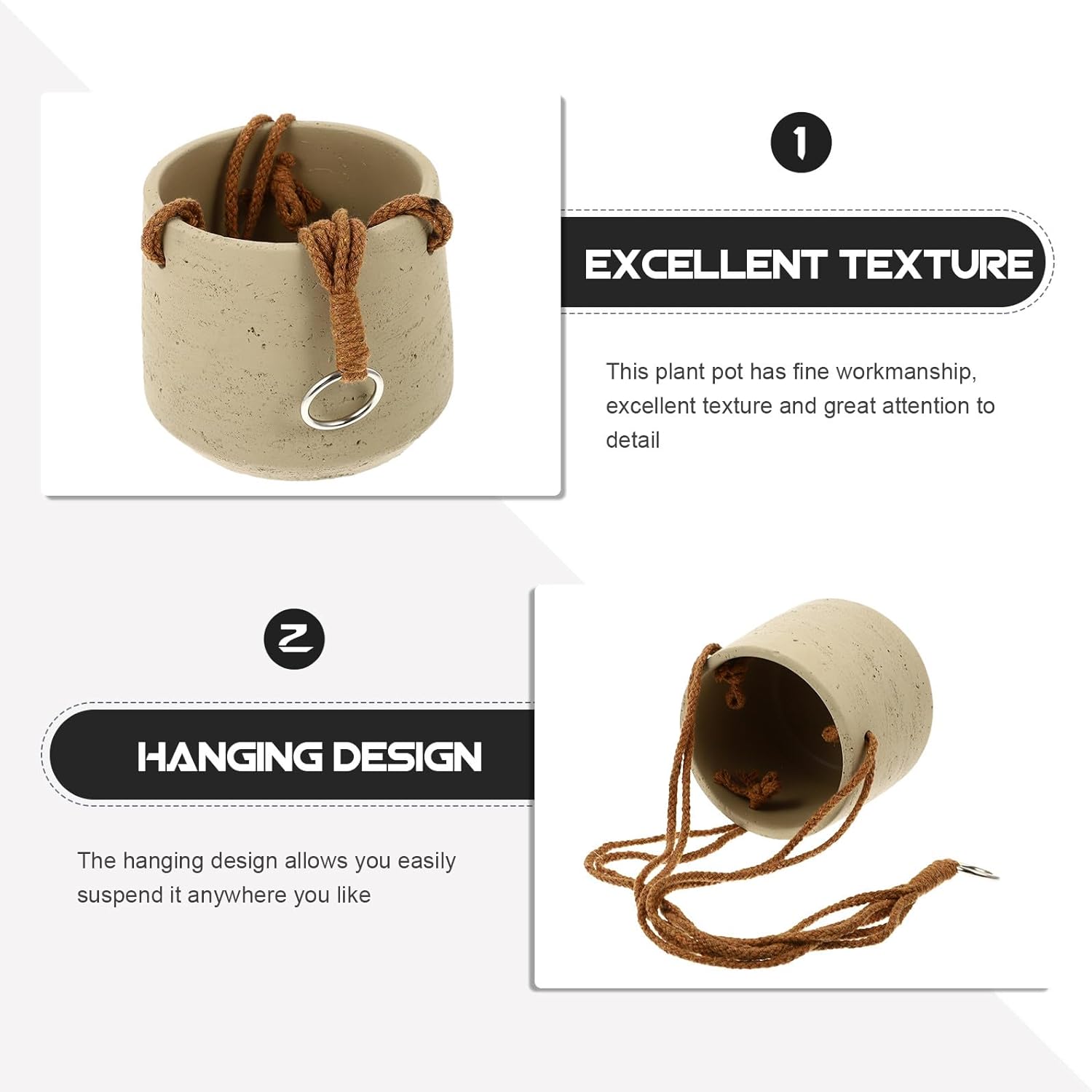 Cement Hanging Flower Pot Wall Mounted Planter for Balcony and Patio, 16cm Large Diameter Garden Pot with Drainage Hole and Silicone Plug, Outdoor Decorative Plant Container