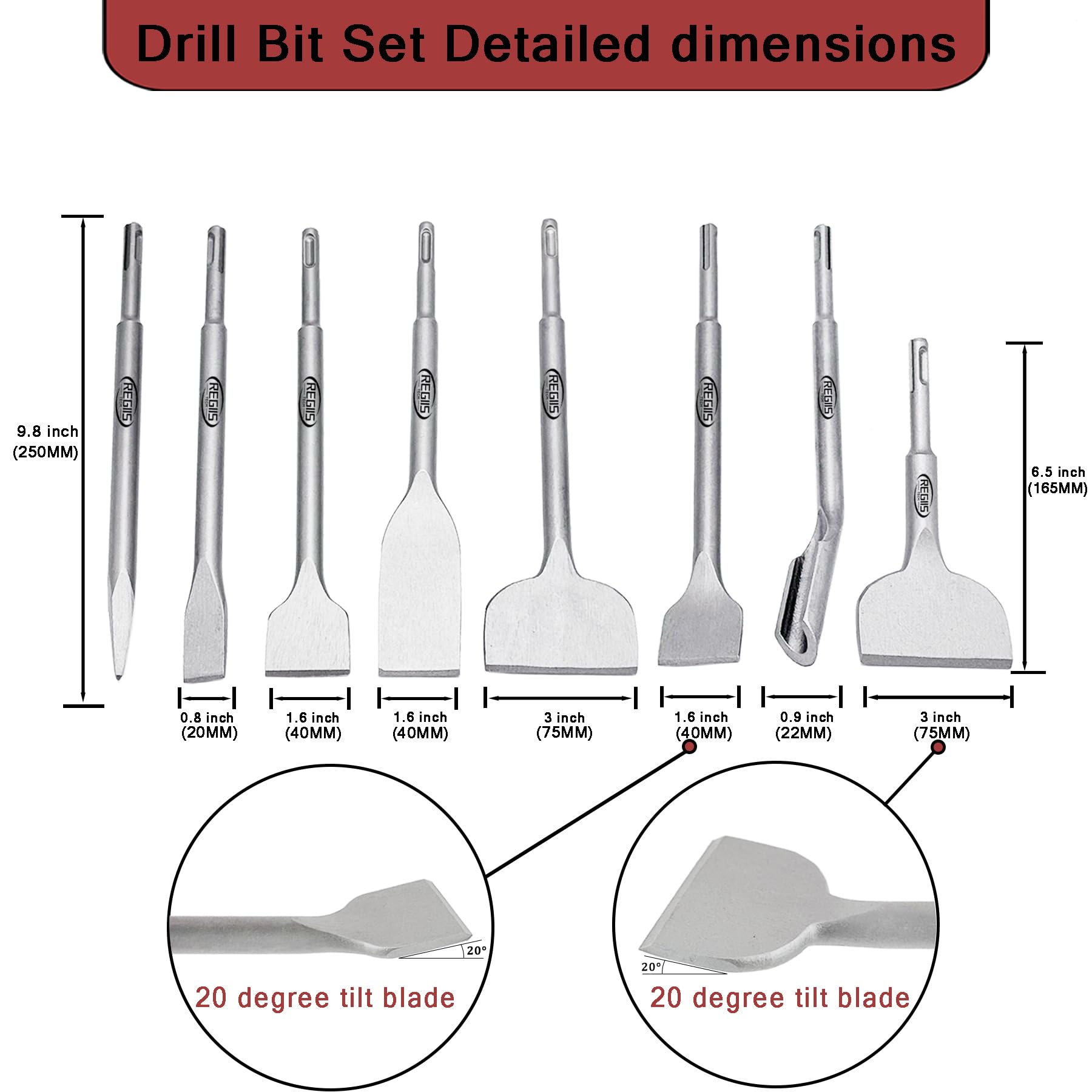 Juego de 8 cinceles SDS Plus, juego de brocas de hormigón para mampostería, brocas de cincel para extracción de azulejos para martillo rotativo con punta plana ancha para azulejos