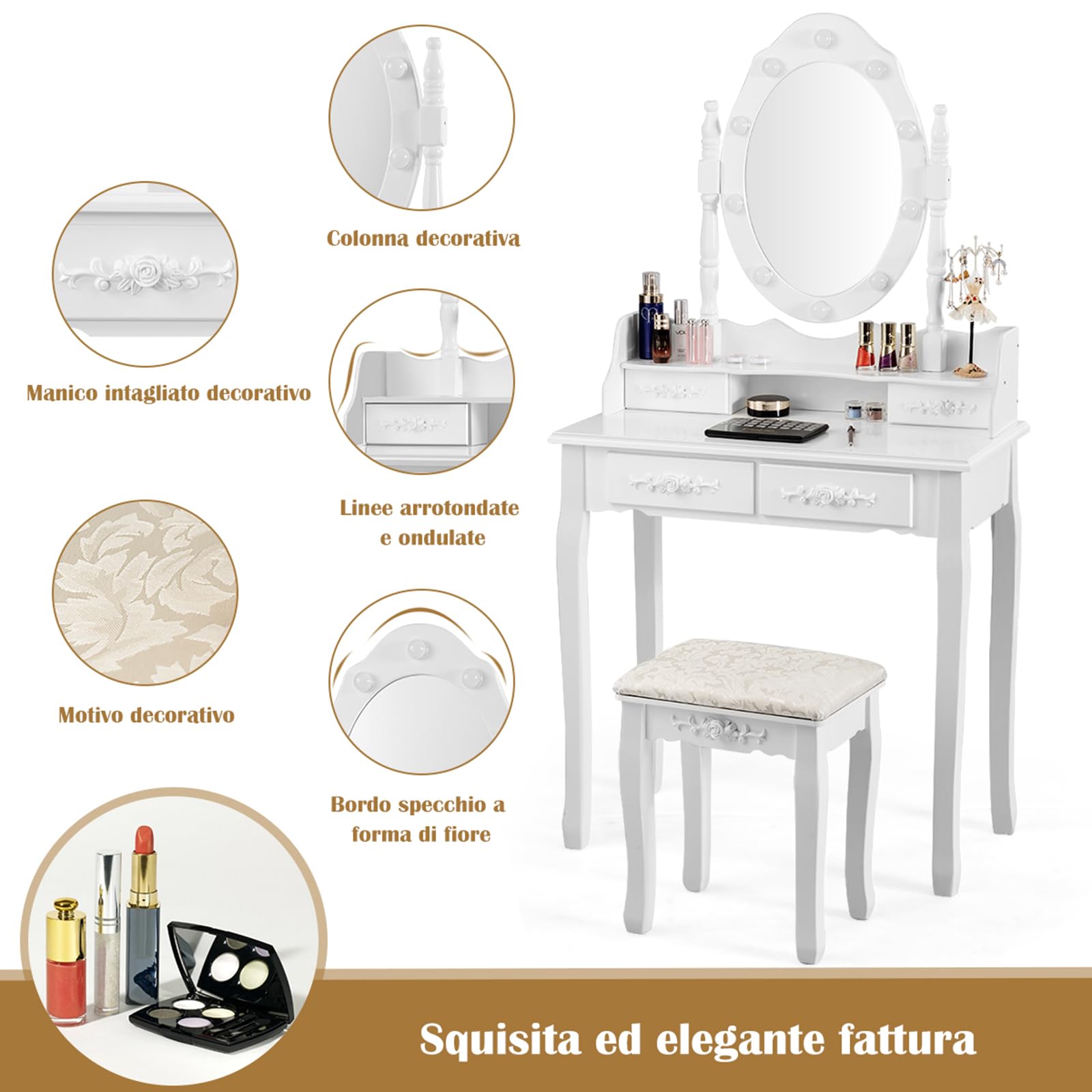 COSTWAY Toeletta Trucco con Specchio Girevole, 10 Luci LED, Luminosità Regolabile, Postazione Trucco con Sgabello e 4 Cassetti, Tavolo da Trucco Scrivania Camera da Letto, 146x75x40cm (Bianco)