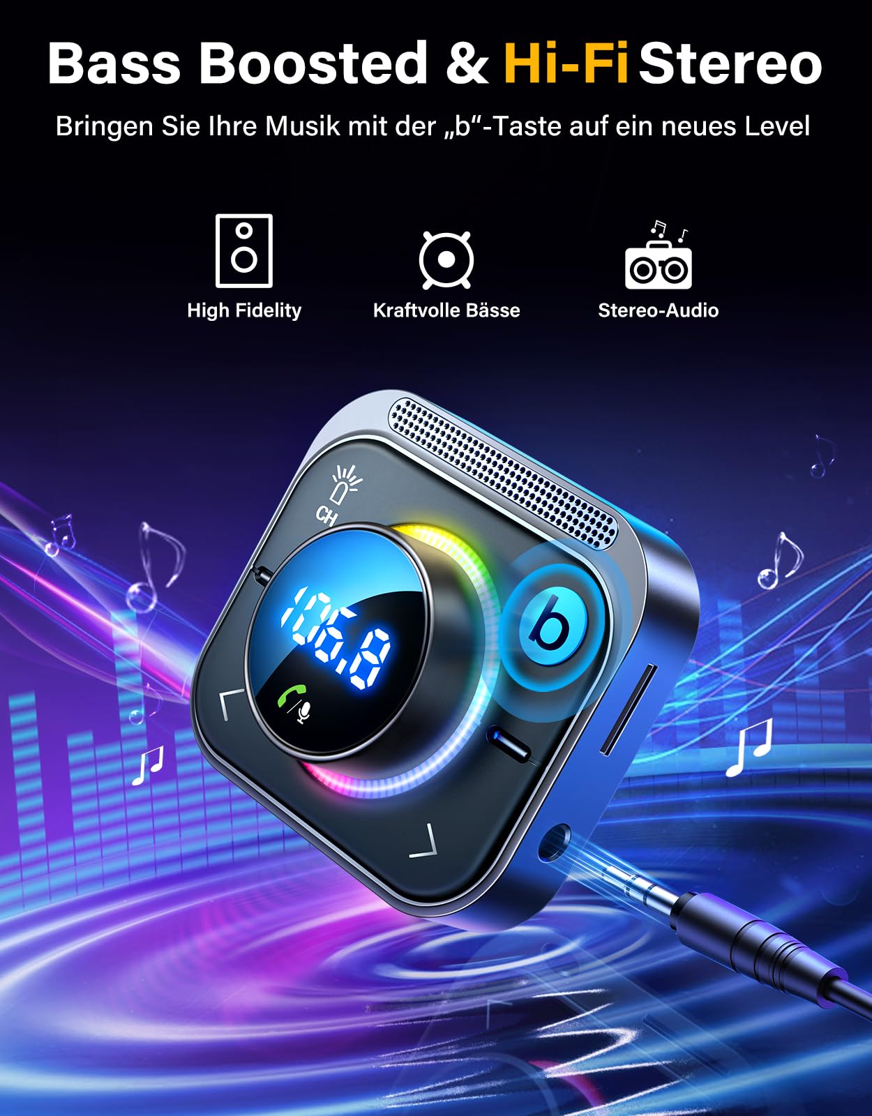 JOYROOM 96W Bluetooth 5.4 Adapter Auto【60W PD & 2*18W QC 3.0】Musik FM Transmitter Auto Bluetooth【Bass Boosted & Hi-Fi】Freisprechanlage Autoladegerät Zigarettenanzünder Unterstützung Aux & TF Karte
