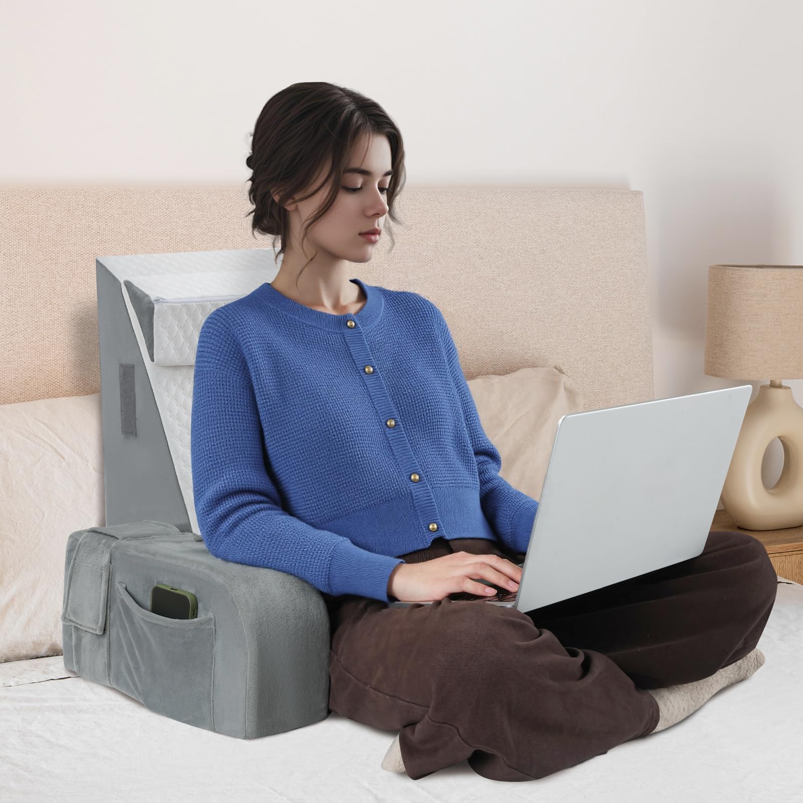 INFANZIA Coussin de Lecture Ergonomique - Coussin Support Dorsale avec Oreiller Cervical et Accoudoirs Amovibles, Oreiller de Dos pour Adulte pour se Détendre, Regarder la télé, Housse Lavable