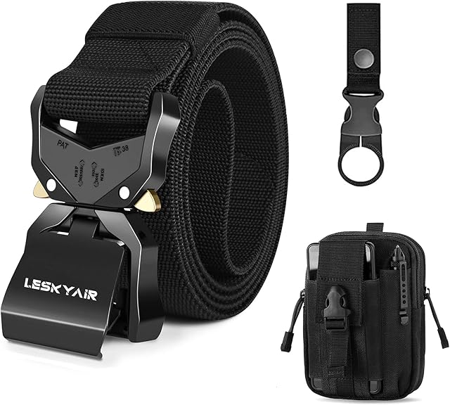 Leskyair Men Tactical Belt, Military Work Belt Rigger 1.5" Nylon with Heavy Duty Quick Release Metal Buckle, Gift with Molle Pouch and Bottle Clip