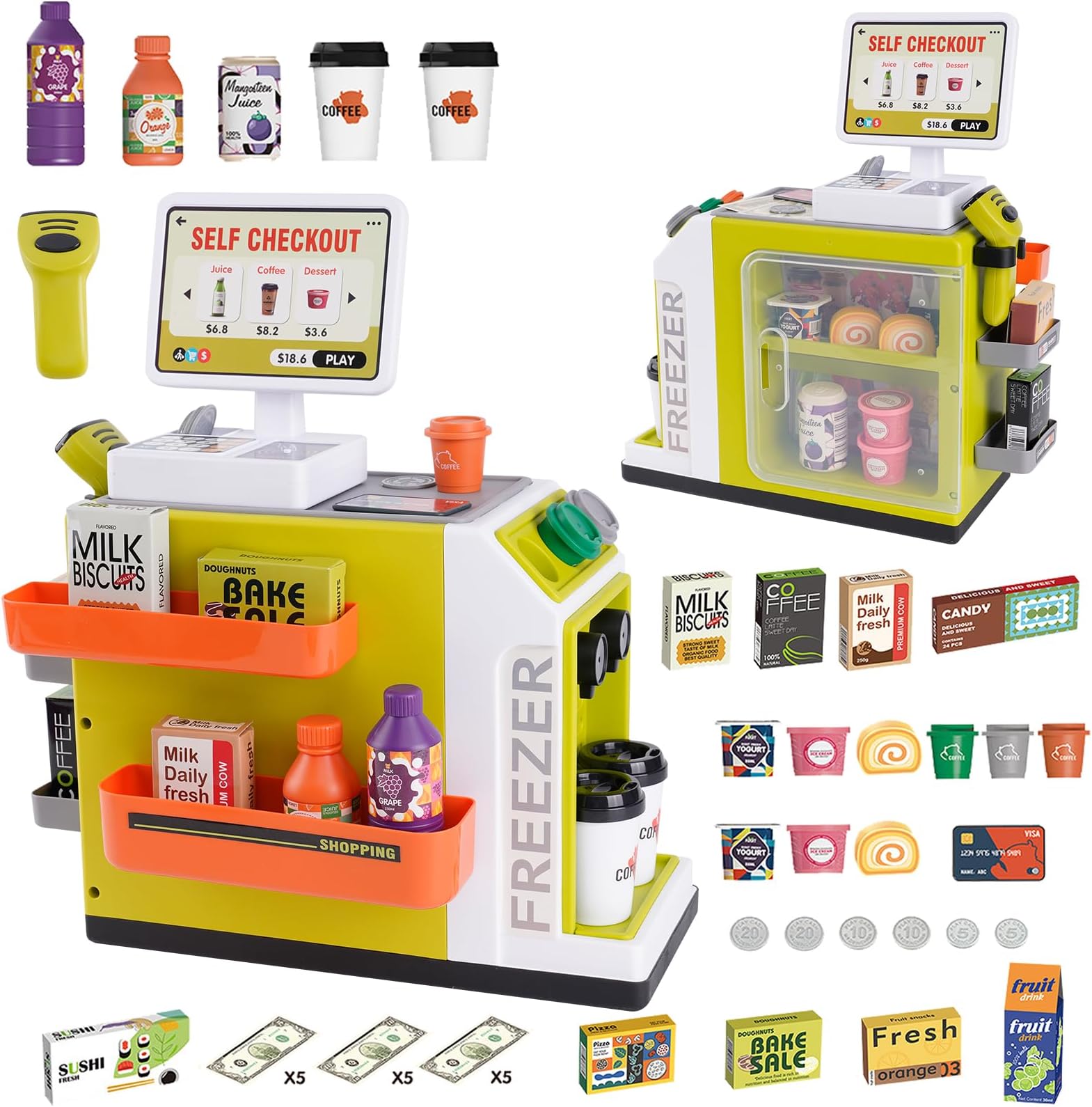 ArkyomiChildren's cash register with scanner and sound, small supermarket cash register with scanner and sound, 46 pieces accessories
