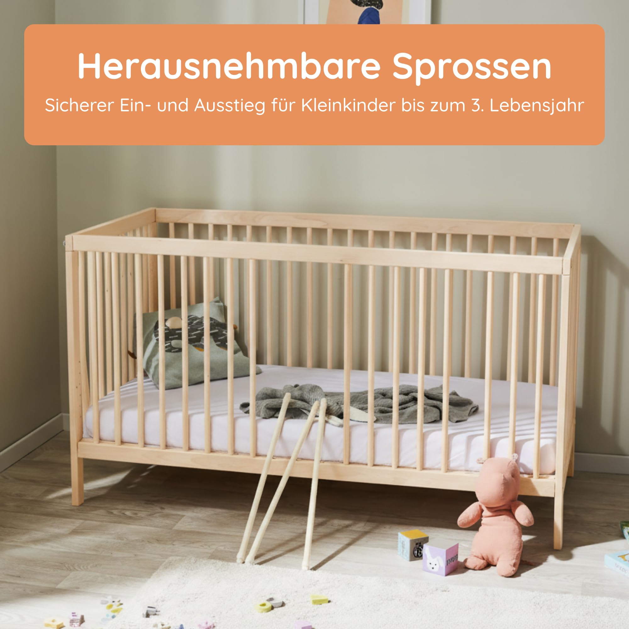 Kids Collective Babybett Kinderbett Gitterbett 60x120 & 70x140 cm mit Matratze höhenverstellbarer Lattenrost & herausnehmbare Sprossen stabiles Buchenholz | ab Geburt bis 3. Lebensjahr | Natur