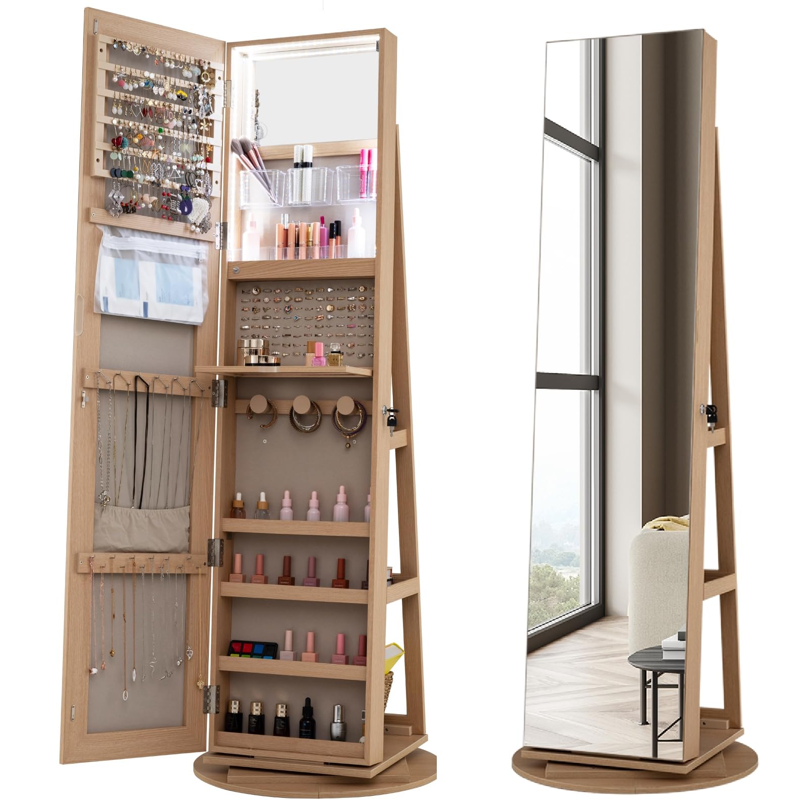 COSTWAY 360° Swivel Jewelry Cabinet, Lockable Jewelry Armoire Storage Unit with Full-Length Mirror & 3-Color Auto-on LED Lights, Home Bedroom Dressing Room Cosmetics Jewellery Organiser (Natural)