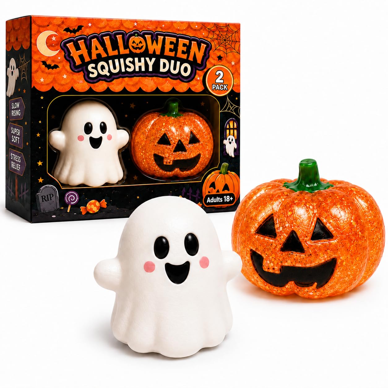 2PK-Halloween Squishy Stress Balls for Adults,Slow-Rise Sensory Fidget Toy | Ghost & Pumpkin Dual-Texture Squishy Toys, Soft Sensory Squeeze Fidget Toys, Halloween Party Favors, Ages 18+