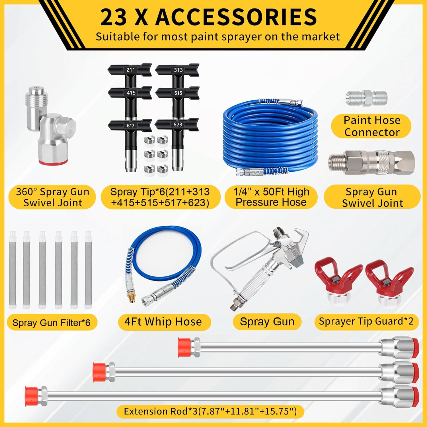 23 Pcs 3600PSI Paint Sprayer Gun Kits,with 50Ft High Pressure Hose,Extension Pole & Spray Tips & Filters &Nozzle Seat etc,Compatible With Graco 390 395 490 495 595 695 795 1095 Airless Sprayer