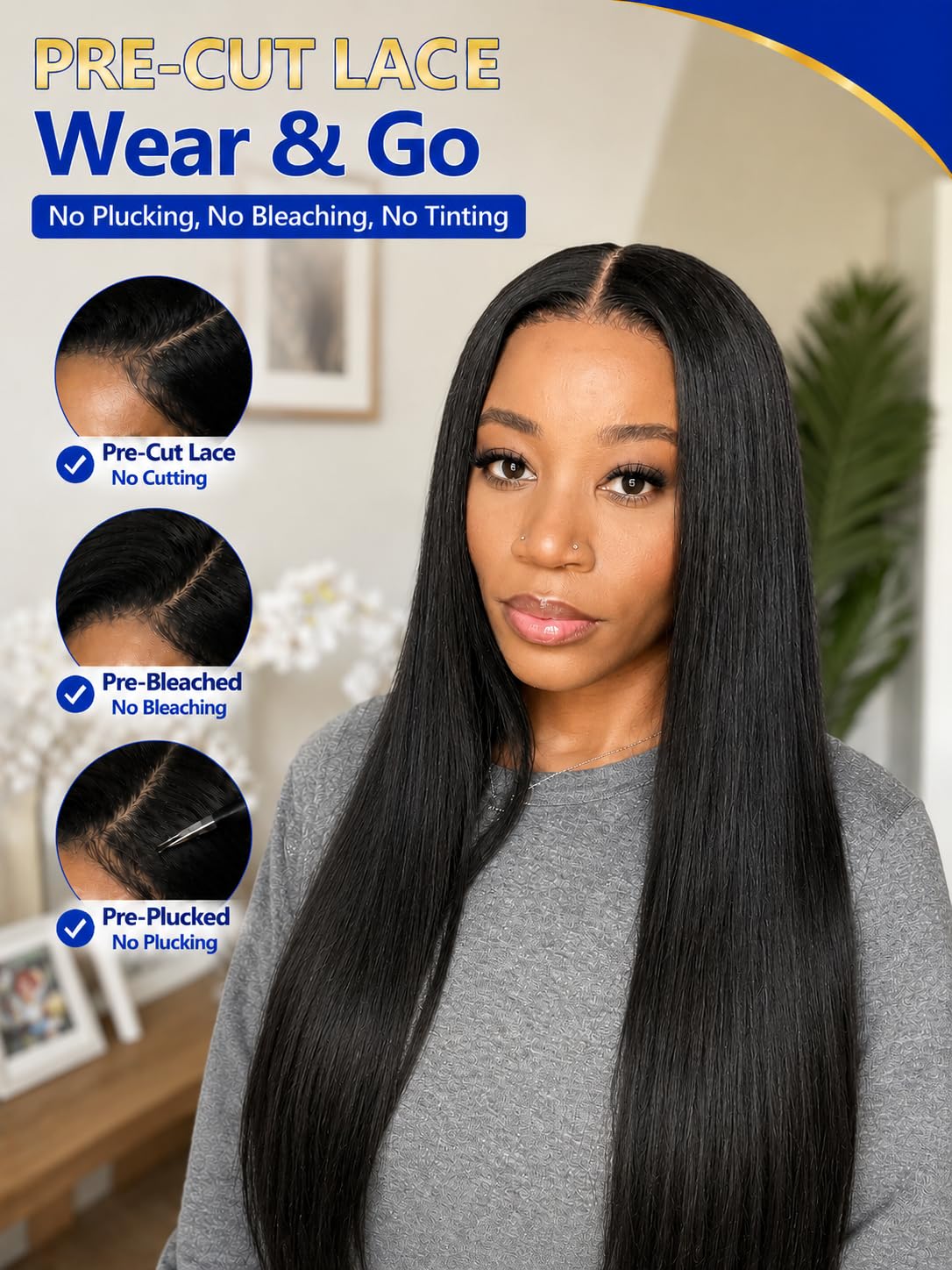 Nadula Bye Bye Slip Yaki Straight Drawstring Wig Human Hair with Flexible Mesh Cap, Pre Cut 7x5 Bye Bye Knots No Slip Wig Pre Plucked Bleached Knots Light Kinky Straight Wig Reday to Go 18inch