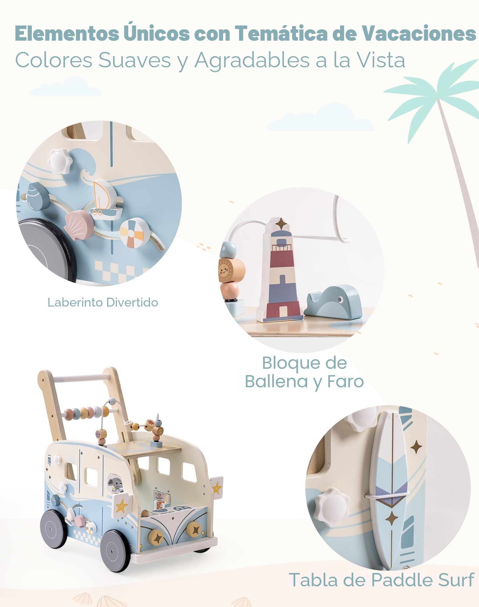 ROBUD Andador Bebes para Niños, Andador de Madera con ruedas y bloques de construcción, Juego de centro de actividad, Juguete para niños, regalo para niñas y niños