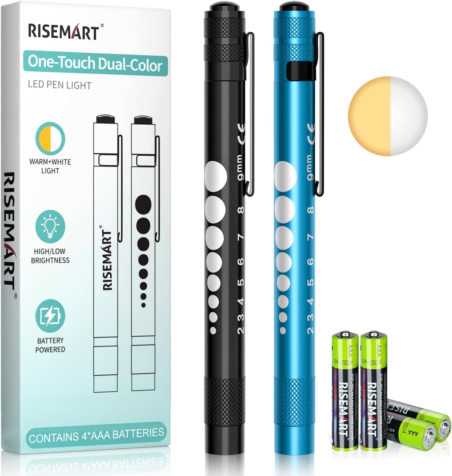 RISEMART Pen Torch 2PCS for Nurses, LED Pen Light with Batteries, One Button Switch White & Warm Light Pupil Gauge Penlight for Nursing, Doctors, Students (Black+Blue)