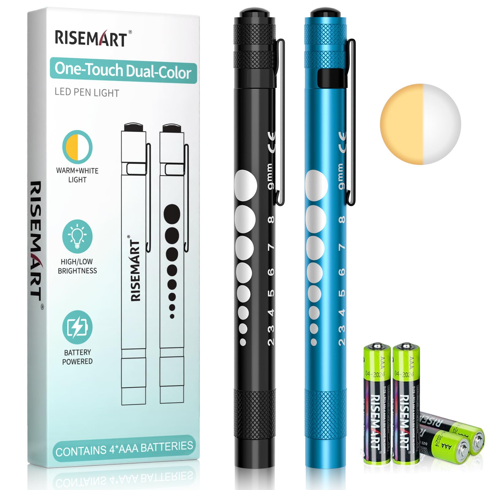 RISEMART 2 Pack Pen Light for Nurse, Medical Penlight with One-Button Switch for White &amp; Warm Light, Pupil Gauge &amp; 5cm Ruler, Pocket Clip, Portable Tool for Nursing, Doctors, Students（Black&amp;Blue）