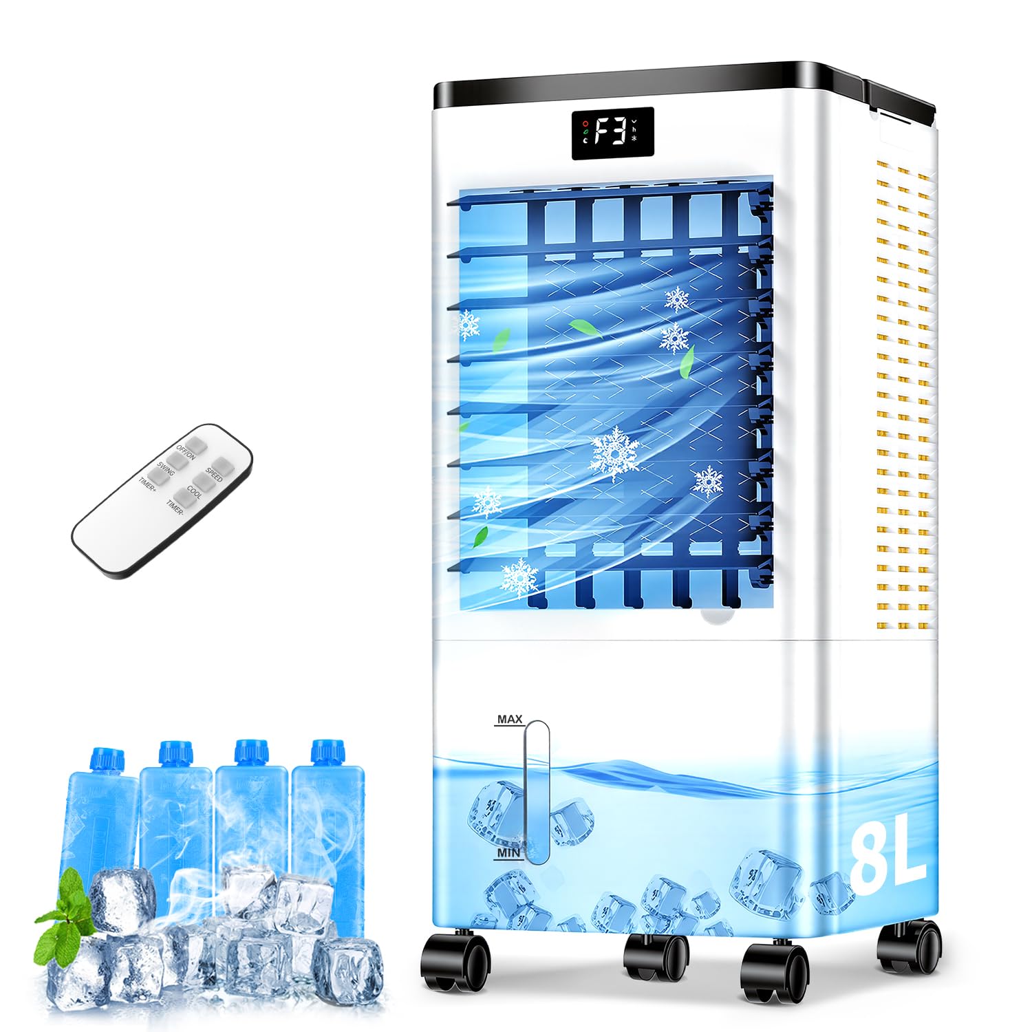 Portable Air Conditioner, 4-in-1 Evaporative Air Cooler with 3 Speeds and 120°Oscillation, 8L Large Water Tank, 45dB Quiet Cooling Fan, Energy-Saving Portable AC with Wheels for Home, Office, Bedroom
