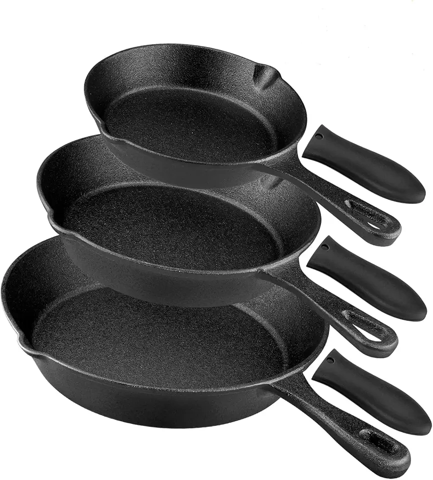 Pre-Seasoned Cast Iron Skillet Set - 3 Piece Frying Pan With Heat-Resistant Handles (6, 8, 10 Inch) for Frying, Saute, Pizza, Oven Safe (Black)