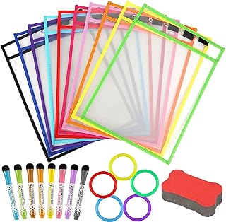 Uhat Reusable Dry Erase Pockets Assorted Colors Sheet Protectors Oversized 10 * 13 Inches Write and Wipe Clean Pockets - Pack 10 with Bone Shape Eraser +8pcs Erase pens for School Work Use Supplies