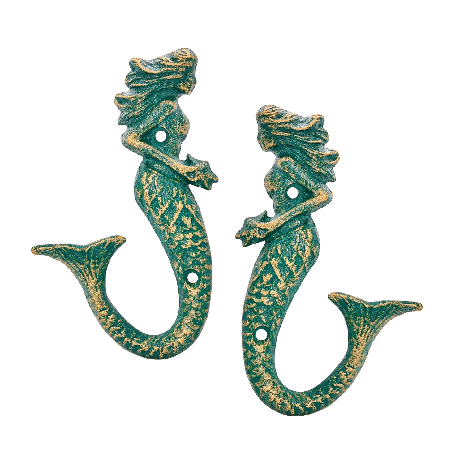 Sungmor Antique Green Set Of 2 Cast Iron Mermaid Wall Hooks, Vintage Rustic Wall Key Coat Hanger, Beach Nautical Theme Bathroom Decorative Towel Hooks, Mermaid Wall Decor