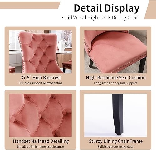 Miniatura 5 de Juego de 4 sillas de comedor modernas, sillas de comedor tapizadas con patas de madera maciza, silla decorativa de terciopelo rosa, sillas de