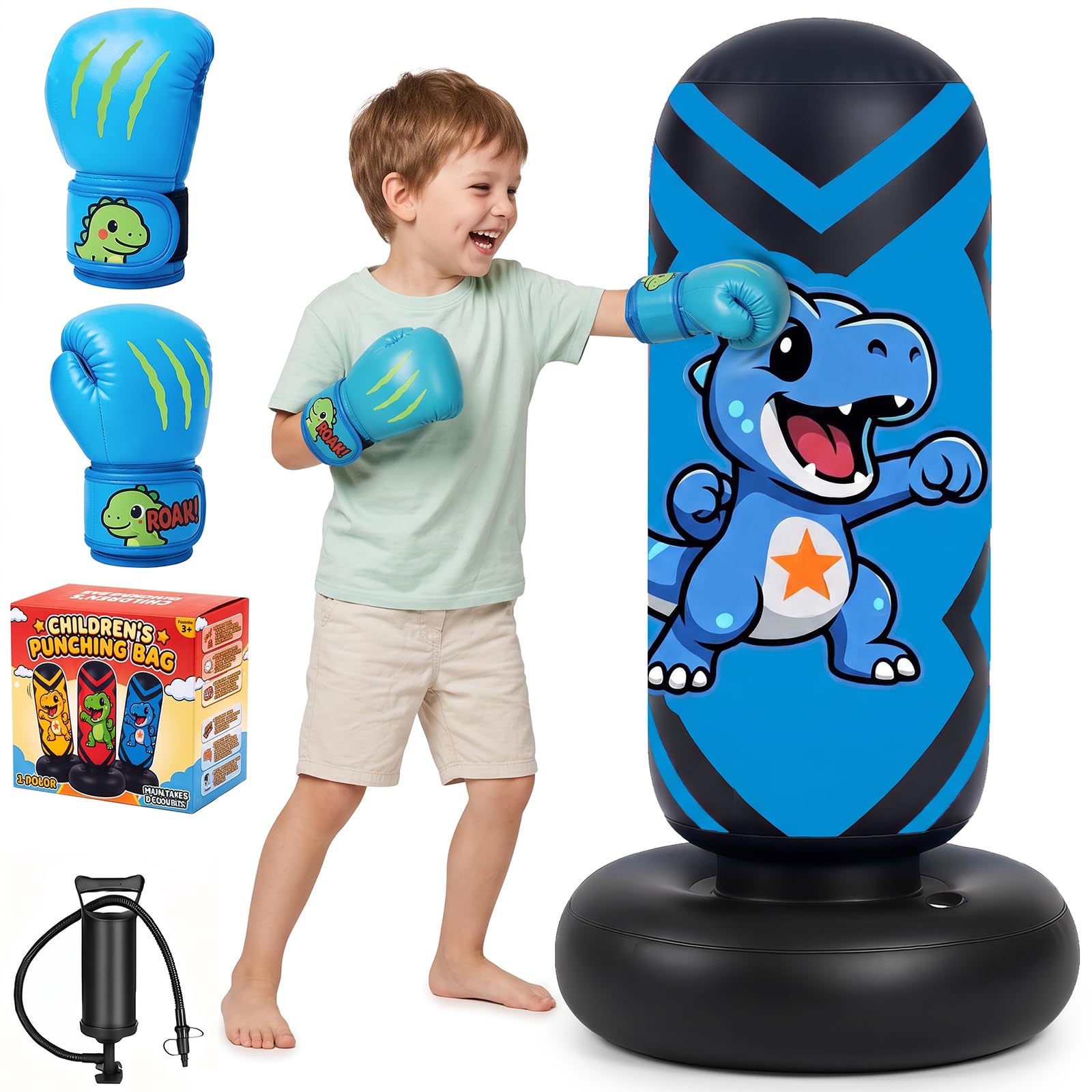 Ninonly 130cm Sacco da Boxe per Bambini Gonfiabile con Guanti e Pompa | Sacco Boxe da Terra per Bambini 3-8 Anni, PVC Resistente Punchball per Karate Taekwondo, Design Dinosauro Allenamento a Casa