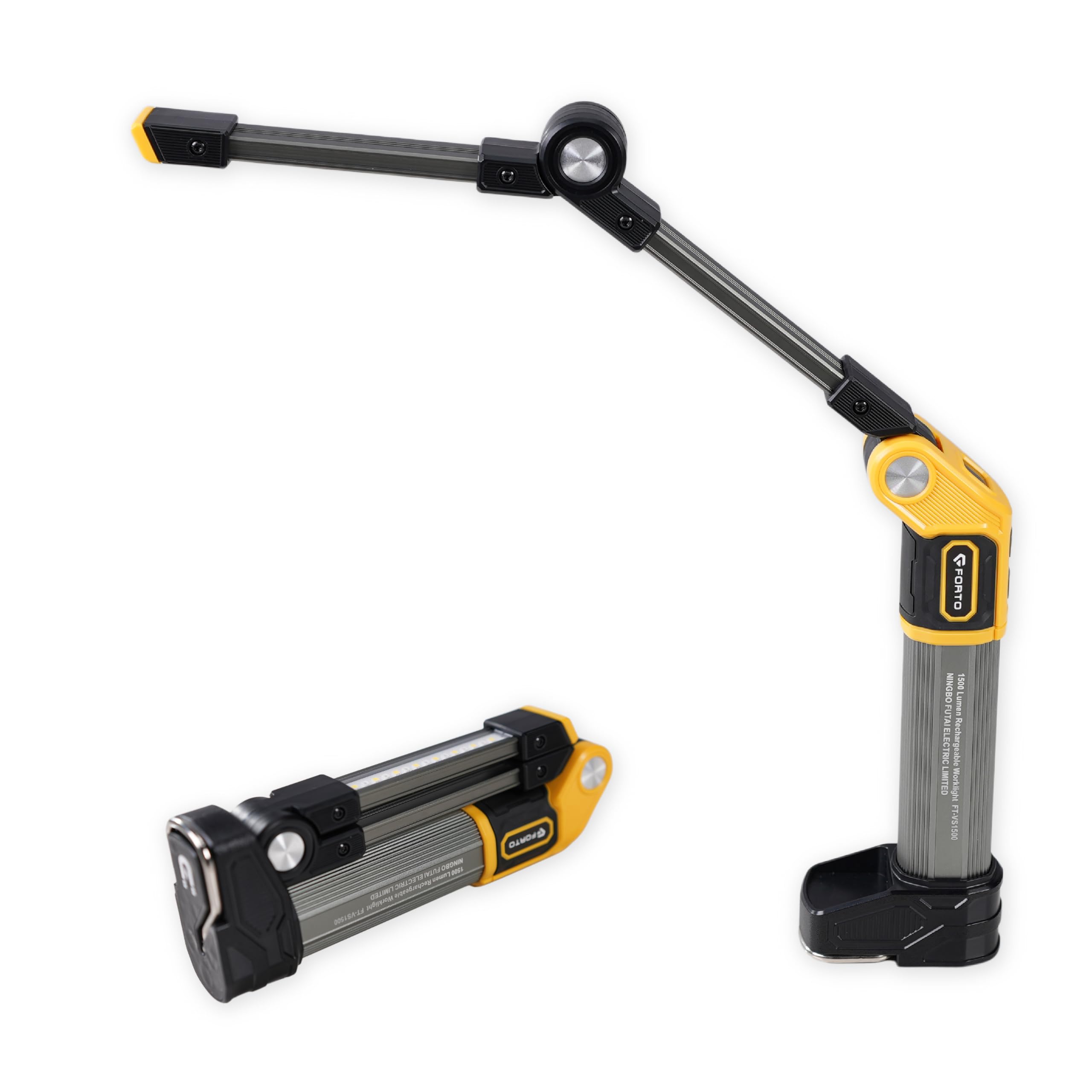 FORTO Wiederaufladbare magnetische Arbeitsleuchte, LED-Taschenlampe für Mechaniker, Luft- und Raumfahrt-Aluminiumlegierung, 1500 Lumen, doppelte Faltplatten, 6 Modi, für Garage, Automechaniker
