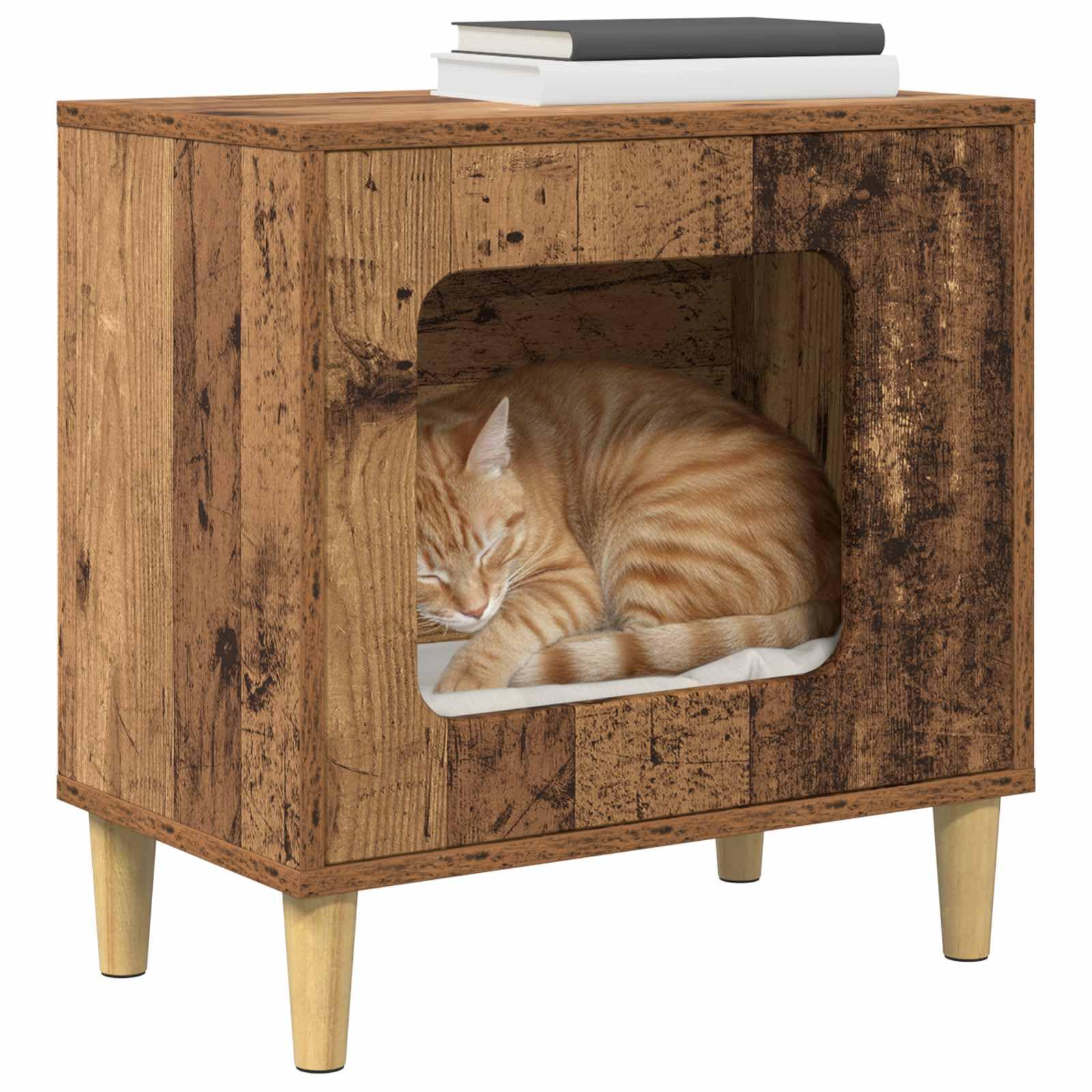 Casetta per gatti in legno vecchio di legno, 51 x 30 x 52 cm, moderna per gatti, compatta, stabile, per interni, soggiorno, angolo con rifugio e possibilità di gioco