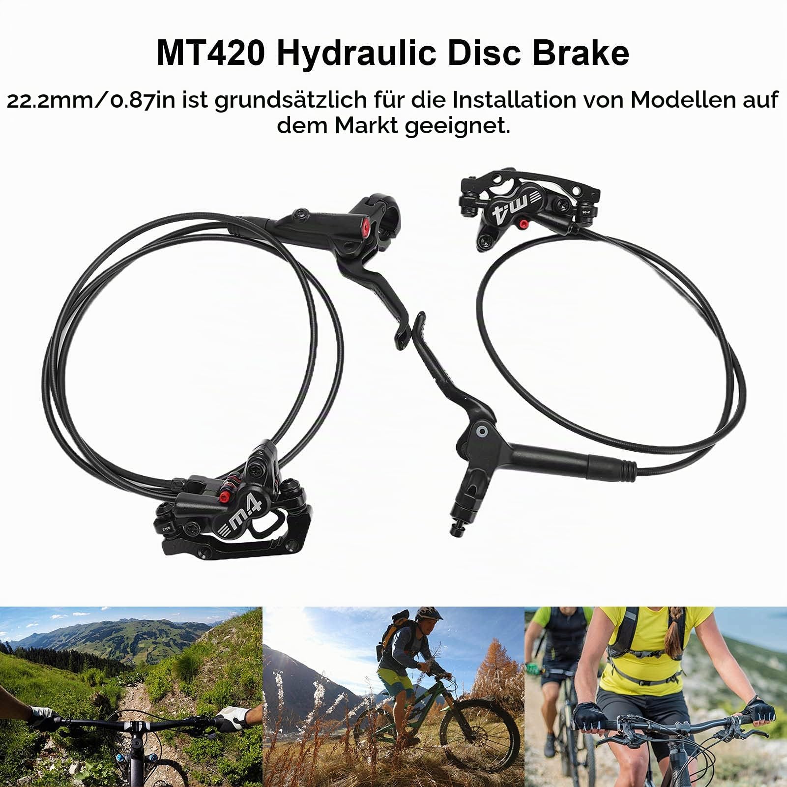 BTER M4 Fahrrad Hydraulische Scheibenbremse, Aluminiumlegierung 4 Kolben Bremssattel MT420 Links Hinten 1400mm Rechts Vorne 800mm Bremse, Scheibenbremsen Sets für Mountainbike, Fat Bike ,