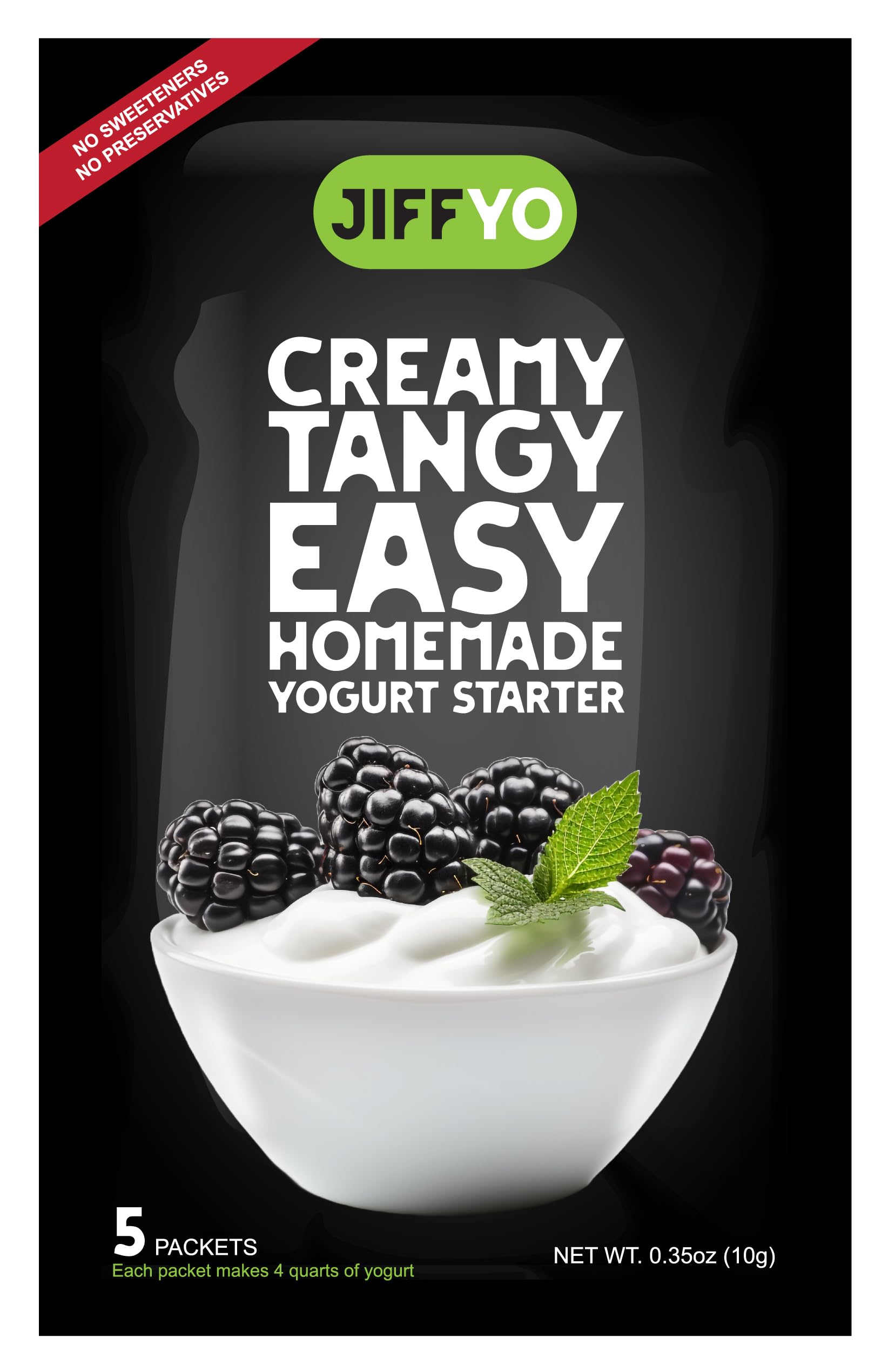 JiffYO Creamy Tangy Easy Homemade Yogurt Starter, 5 Packets, each Packet Makes 1 Gal (4 quarts) of Delicious Homemade Yogurt. No Preservaties or Sweeteners.