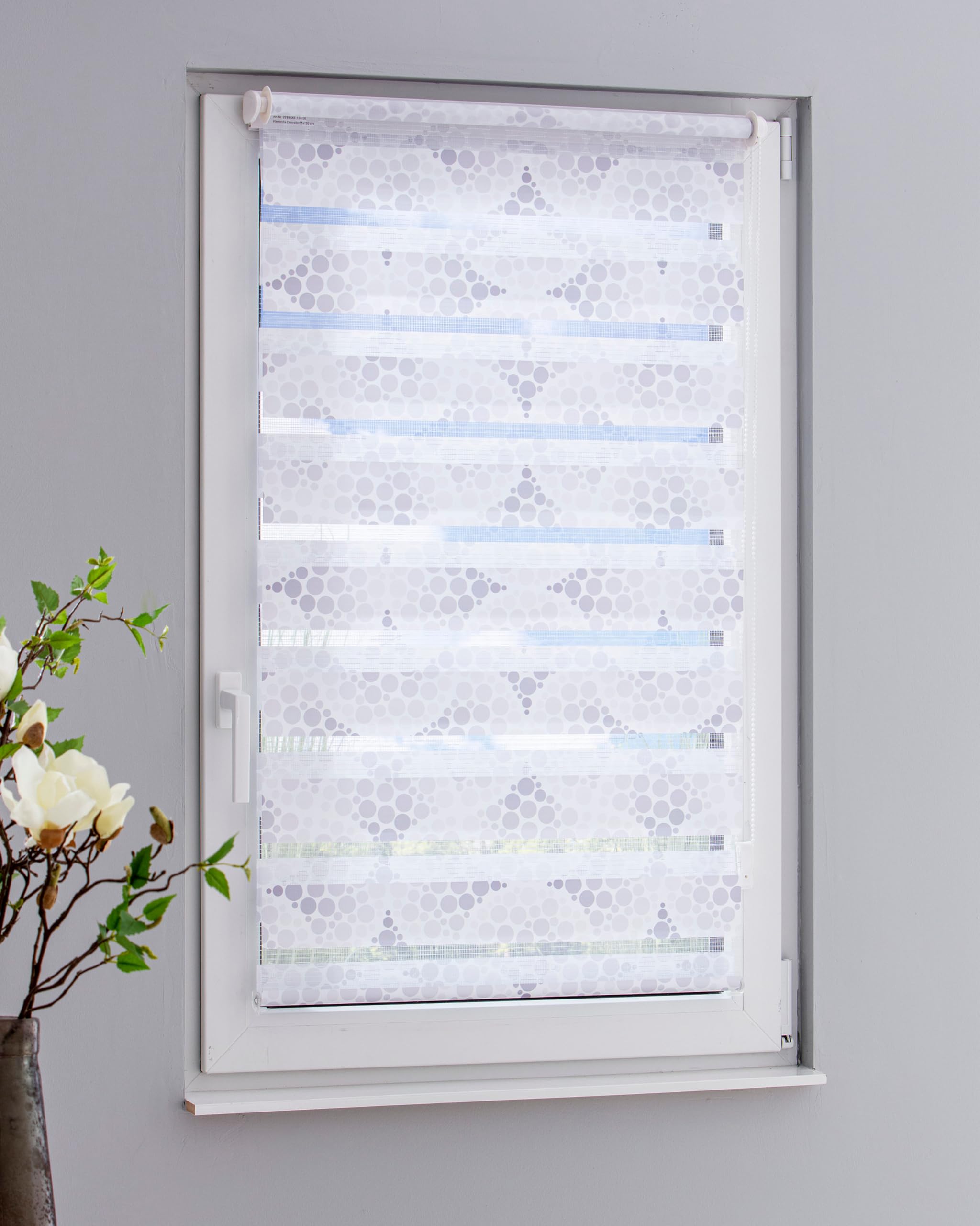 by Garesa Duo Rollo - Doppelrollo Klemmfix ohne Bohren 80 x 210 cm - Weißer Stoff mit grauen Kreisen, Fenster Sichtschutz und Lichtschutz, Mit Kettenzug