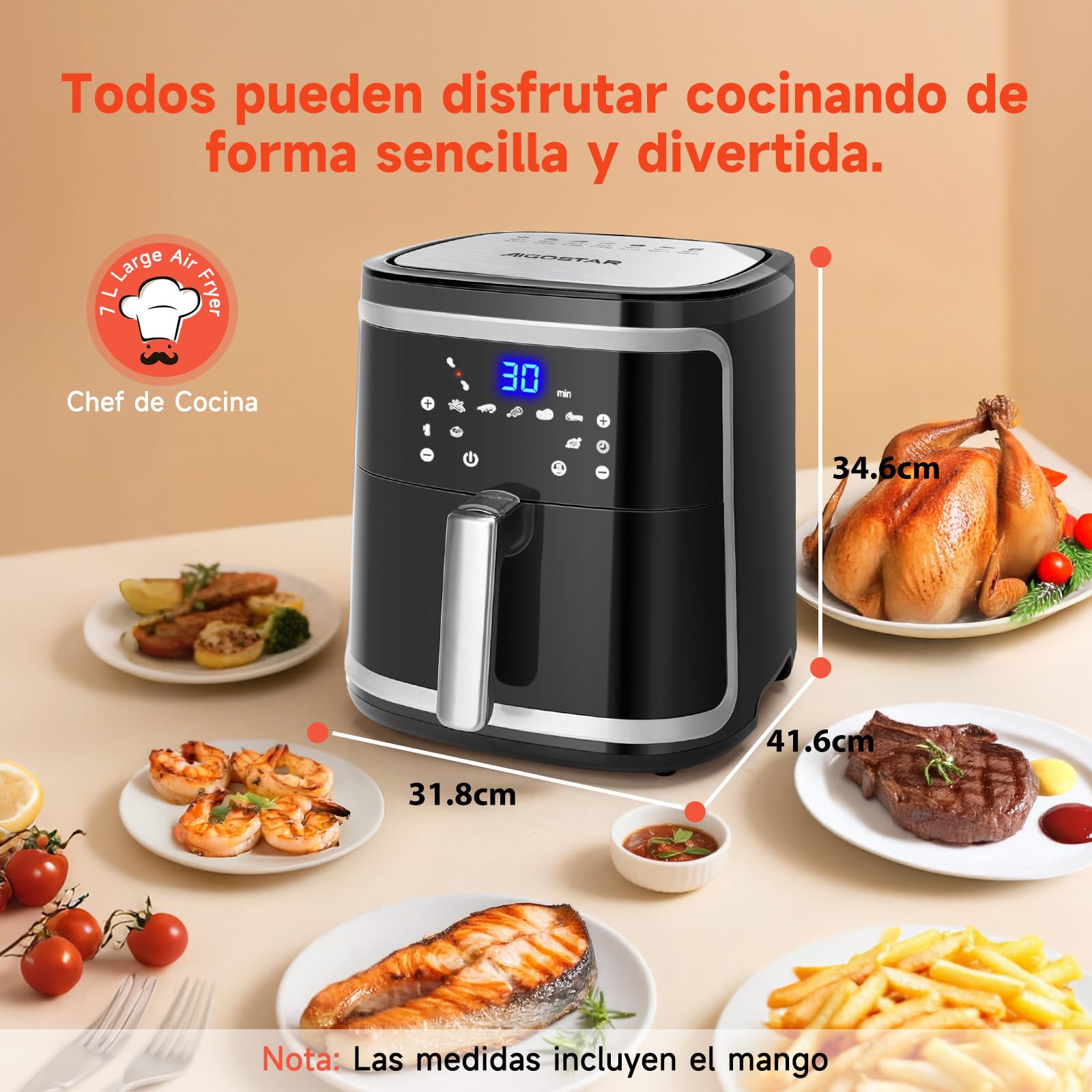 Aigostar Freidora de Aire XXL 7 Litros/2Kg, Air Fryer con Doble Cesta Independiente, Tecnología Rapid Air, 8 Programas, Función de Mantenimiento de Calor, App de Recetas/Libro de Recetas, 1900W
