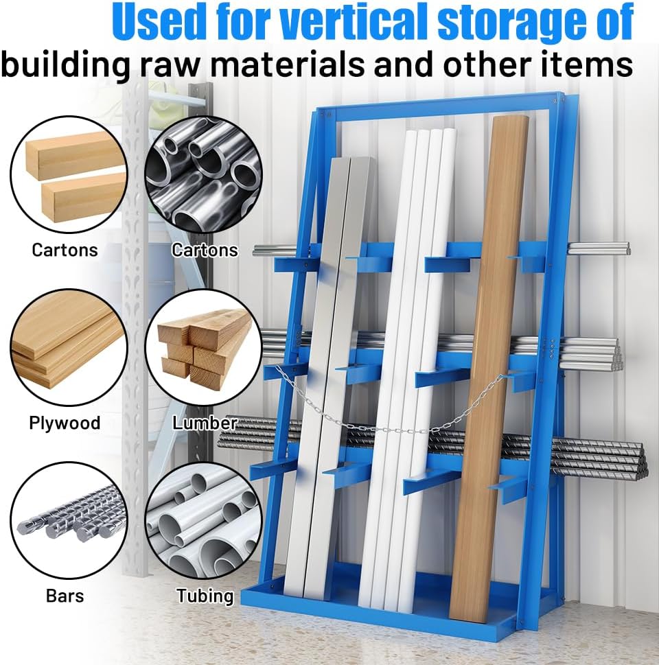 Yeeoy Vertical Bar Rack, 3000 LB Capacity, Heavy Duty Long Parts Storage Rack, Lumber Storage Rack with Safety Chain, Pipe Organizer Shelf for Garage Workshop Factory, Blue
