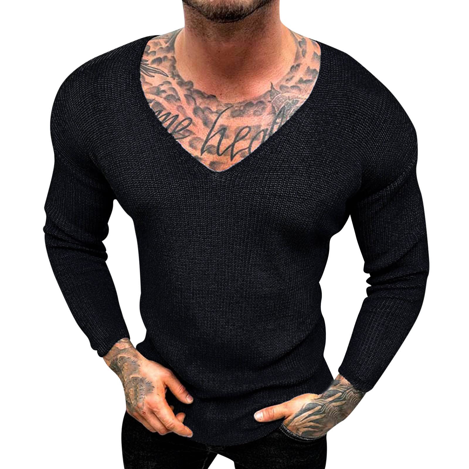 Caxndycing Jersey de punto básico para hombre, manga larga, informal, ropa de calle, corte ajustado, cuello en V, jersey de punto con cuello de pico, jersey de manga larga, camisa informal