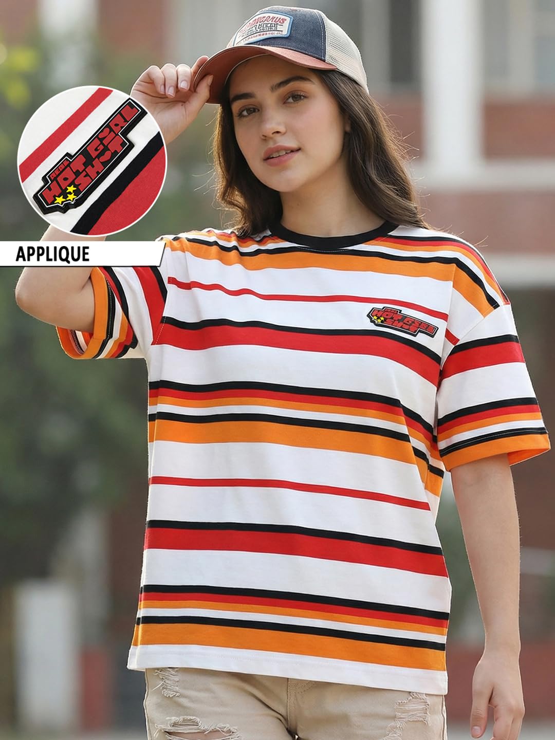 Bewakoof Heavy Duty 1.0 - T-shirt da donna a righe oversize a mezza manica in spugna di cotone con scollo rotondo