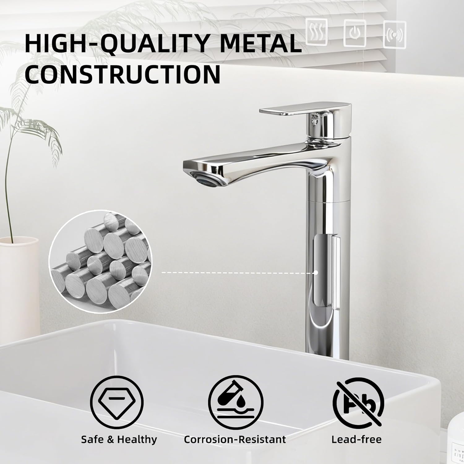 BELZ Polished Chrome Vessel Sink Faucet, 11.7" Tall Single Hole Bathroom Faucet for Above Counter Basin, Tool-Free Hand-Tighten Design, Mirror-Like Finish, Pre-Installed 24" Supply Lines