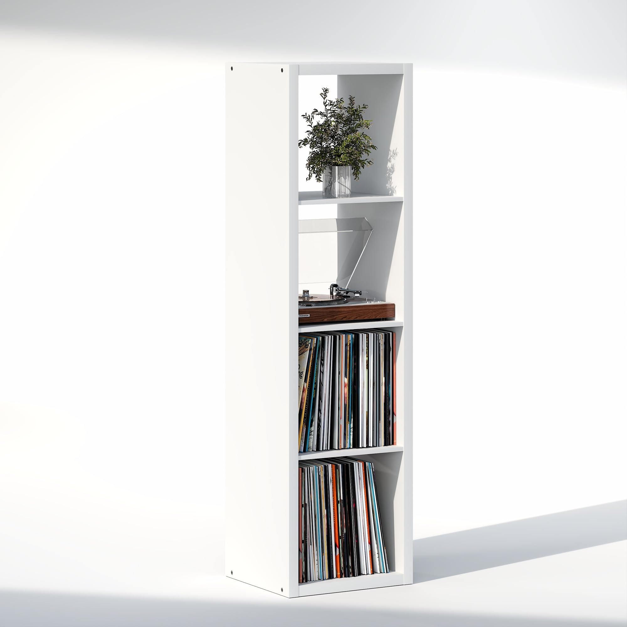 Furinno CUBICLE Mobile per Giradischi con Raccoglitore per Vinili, 4-Cube 1.2 Extra Spesso Raccoglitore per Dischi in Vinile, Scaffale Multimediale Aperto sul Retro per CD DVD Dischi, Bianco