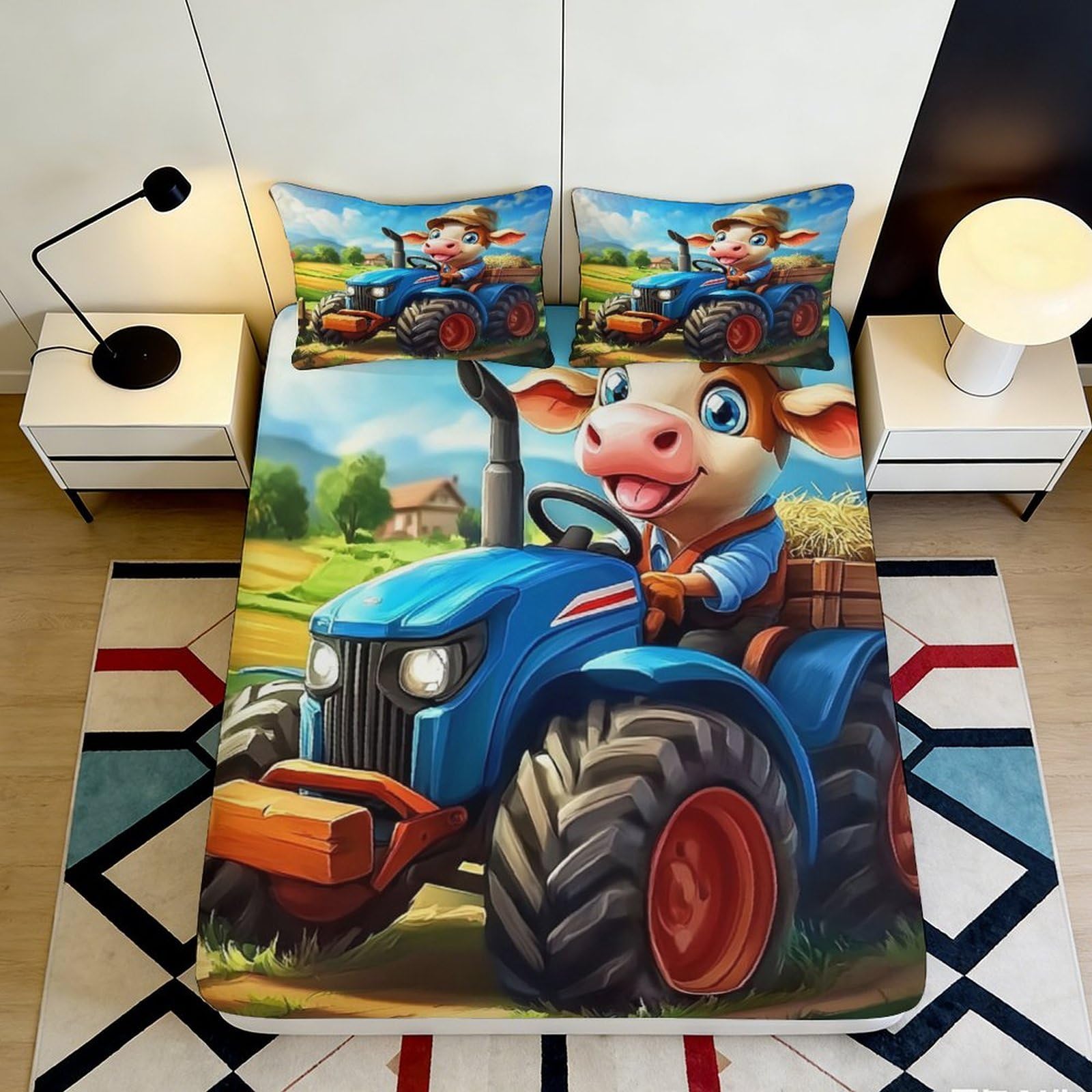 3D Printed Cartoon Cow Tractor Fitted Sheet Microfiber Soft Breathable Farm Landscape Bed Cover for Bedroom Dorm Decor 90x200x25cm