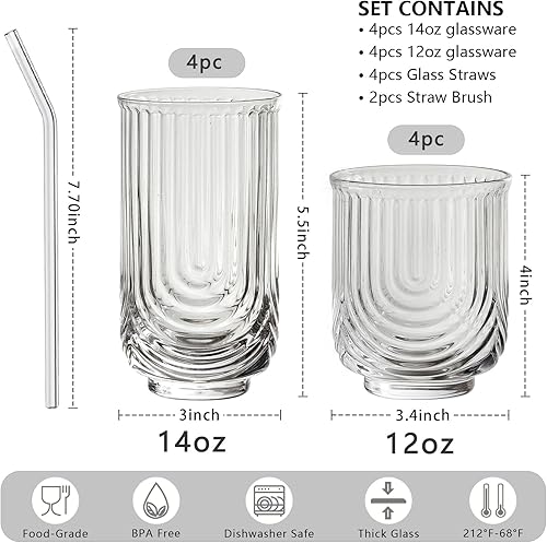 Miniatura 2 de INSETLAN Juego de 8-4 vasos altos de 14 onzas, vasos de vidrio de 4 rocas de 12 onzas, vasos de cóctel con diseño de arco, cristalería vintage, con
