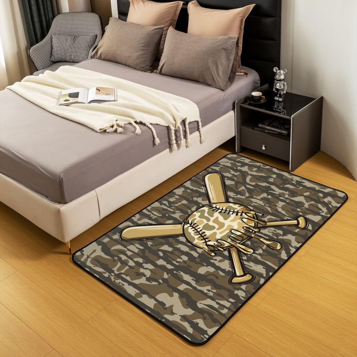 Camouflage Indoor Floor Mat Camo Area Rug 5x7 for Kids Boys Girls Decor Baseball Gaming Decor Carpet Breathable Soft Lightweight Microfiber Baseball Military Style Living Room Rugs for Bedroom