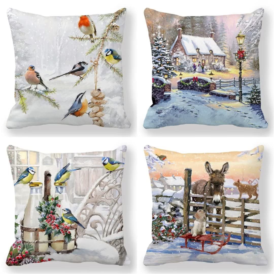Housse coussin 40x40cm lot de 4 Noël pour taie oreiller canapé maison