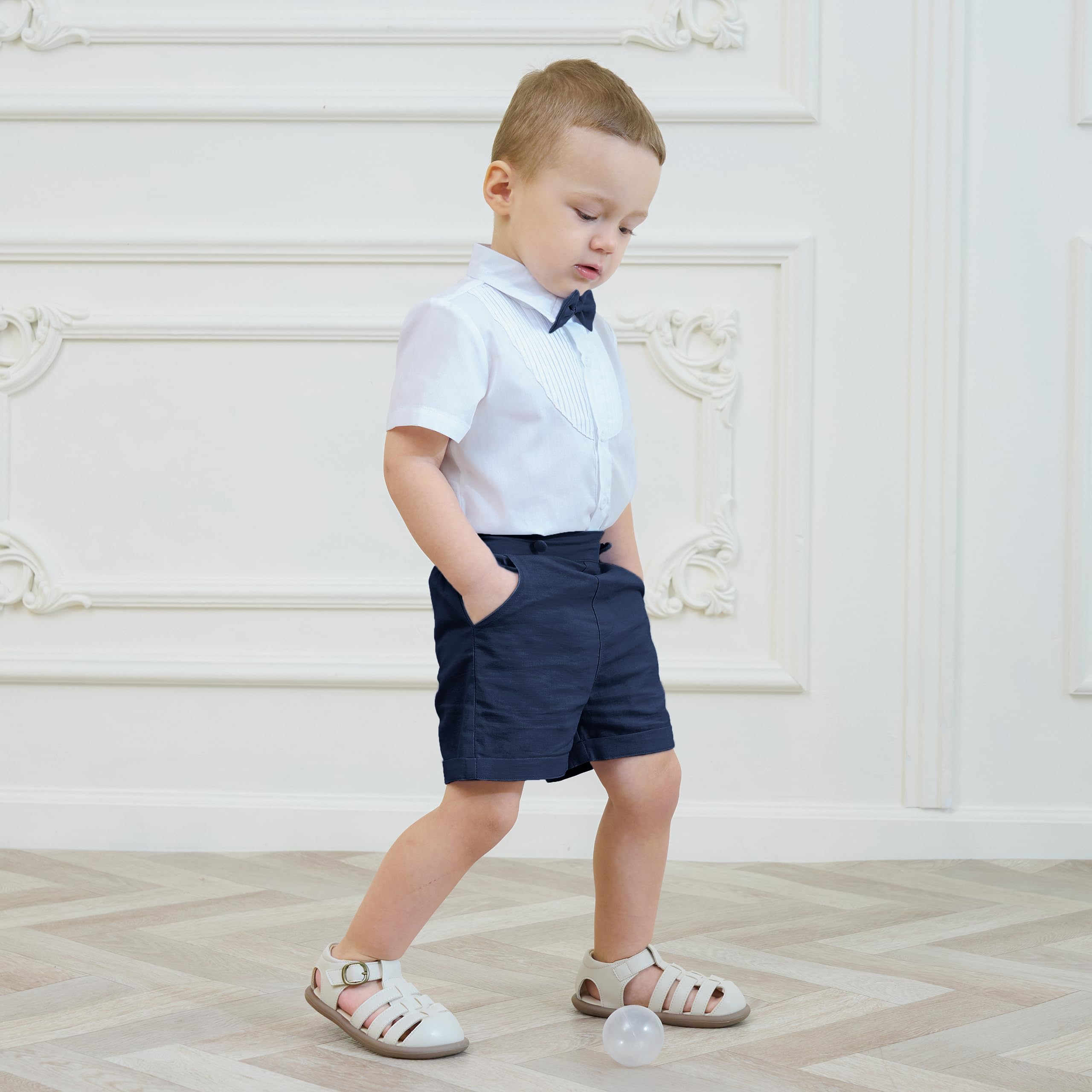 Volunboy Bebé Niño Pantalones Cortos con Tirantes, Verano Lino Shorts con Pajarita 3 Piezas