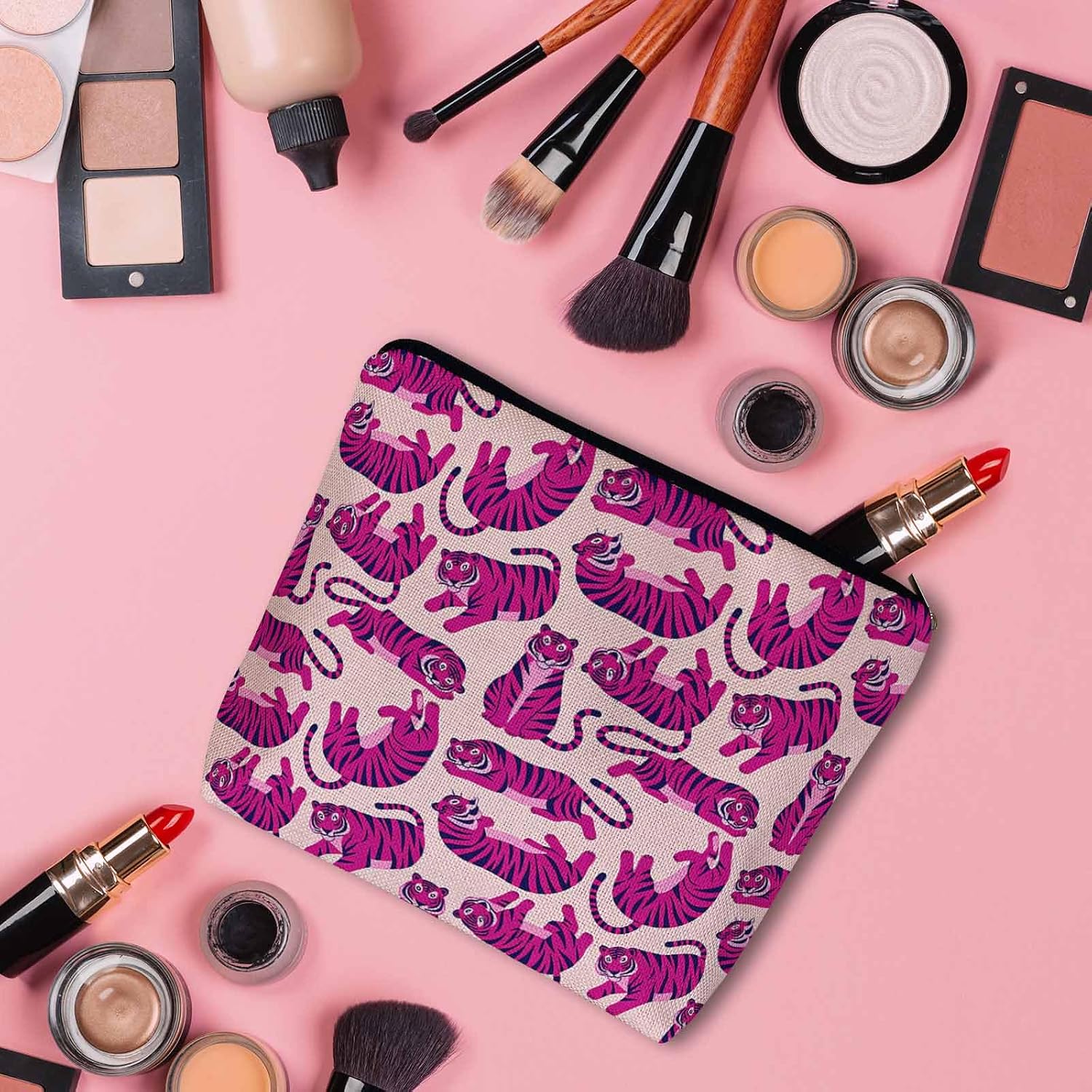 Woman Makeup Bag Tiger, Wild Animal Tiger Pink Makeup Bags Travel Cosmetic Bags Toiletry Makeup Organizer Pencil Pouch Make Up Cosmetic Bag For Owners Lady Birthday Gifts image 3