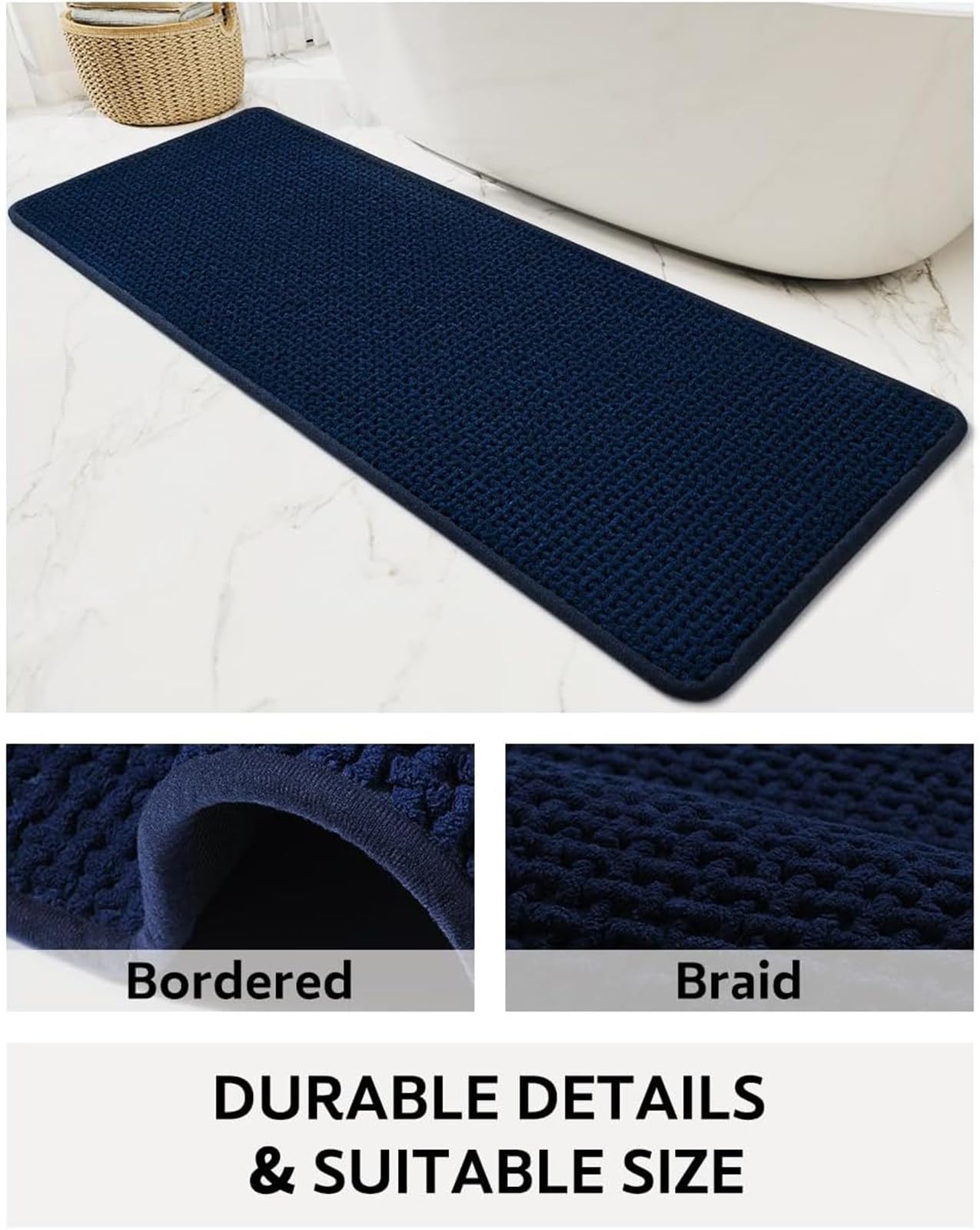 LINGKY Alfombra de Baño Antideslizante y Absorbente, Alfombrilla Baño Secado Rapido, Alfombrilla para Bañera y Ducha Extra Suave y Súper Cómoda de Microfibras de Chenilla (Azul Oscuro,60x160 cm)