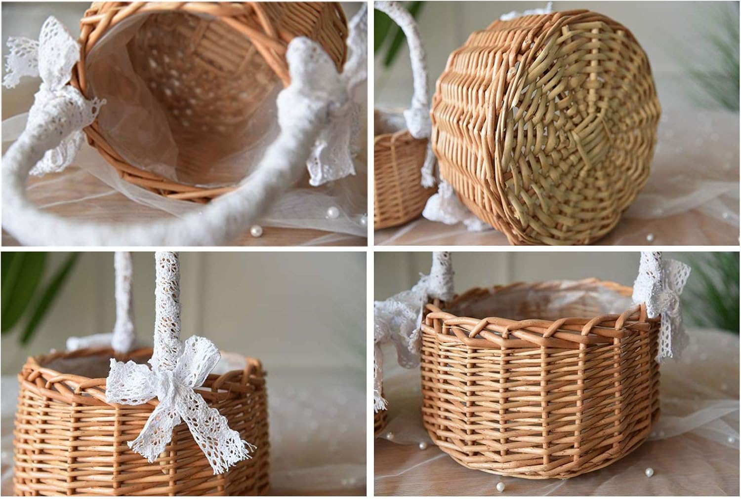 ASSR 2PCS Woven Storage Basket wHandle and Ribbon, Wedding Flower Girl Baskets, Wicker Rattan Flower Basket for Home Garden Decor -A2, Brown, (210219HT04-B-1-2#YQE43)