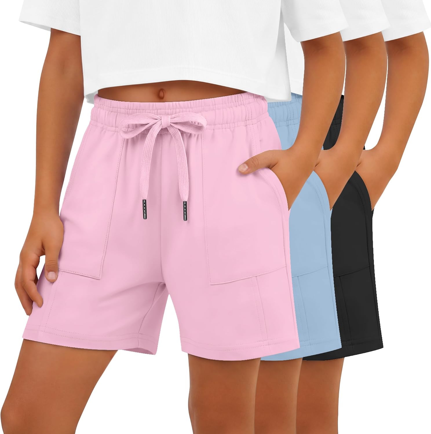 3 Pack Girls’ Shorts Baggy Wide Leg Sweatshort Kids Elastic Drawstring Summer Athletic Casual Shorts with Pockets
