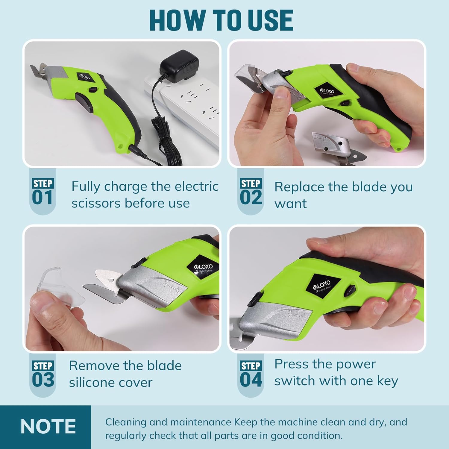 Cordless Electric Scissors, VLOXO Cardboard Cutter Electric Fabric Scissors with Blades Rechargeable Powerful Fabric Cutter for Crafts Leather Carboard Carpet Plastic Felt with Case Green CS4001