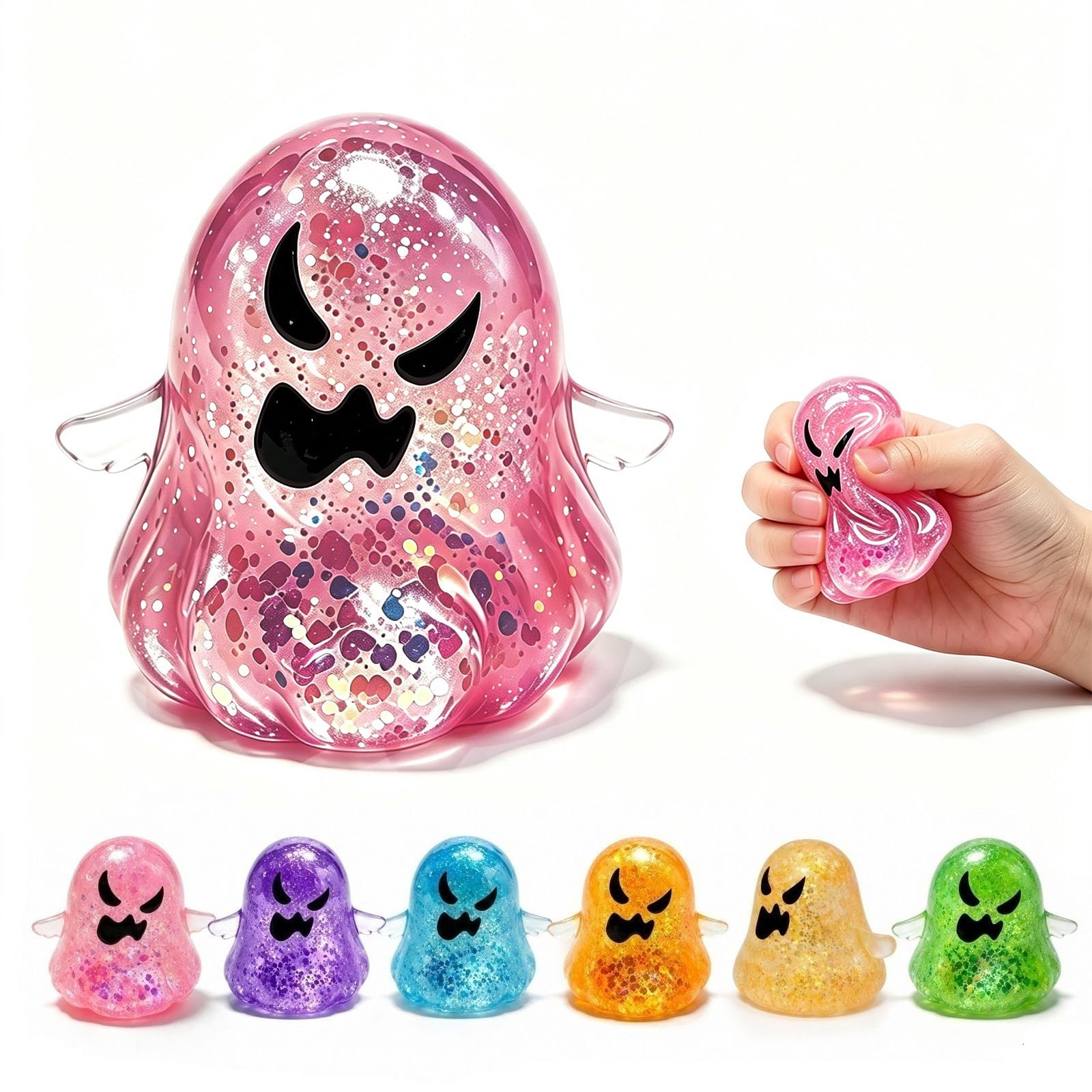 Halloween Ghost Squishy Toys, Glitter Transparent Squeeze Stress Relief Toy