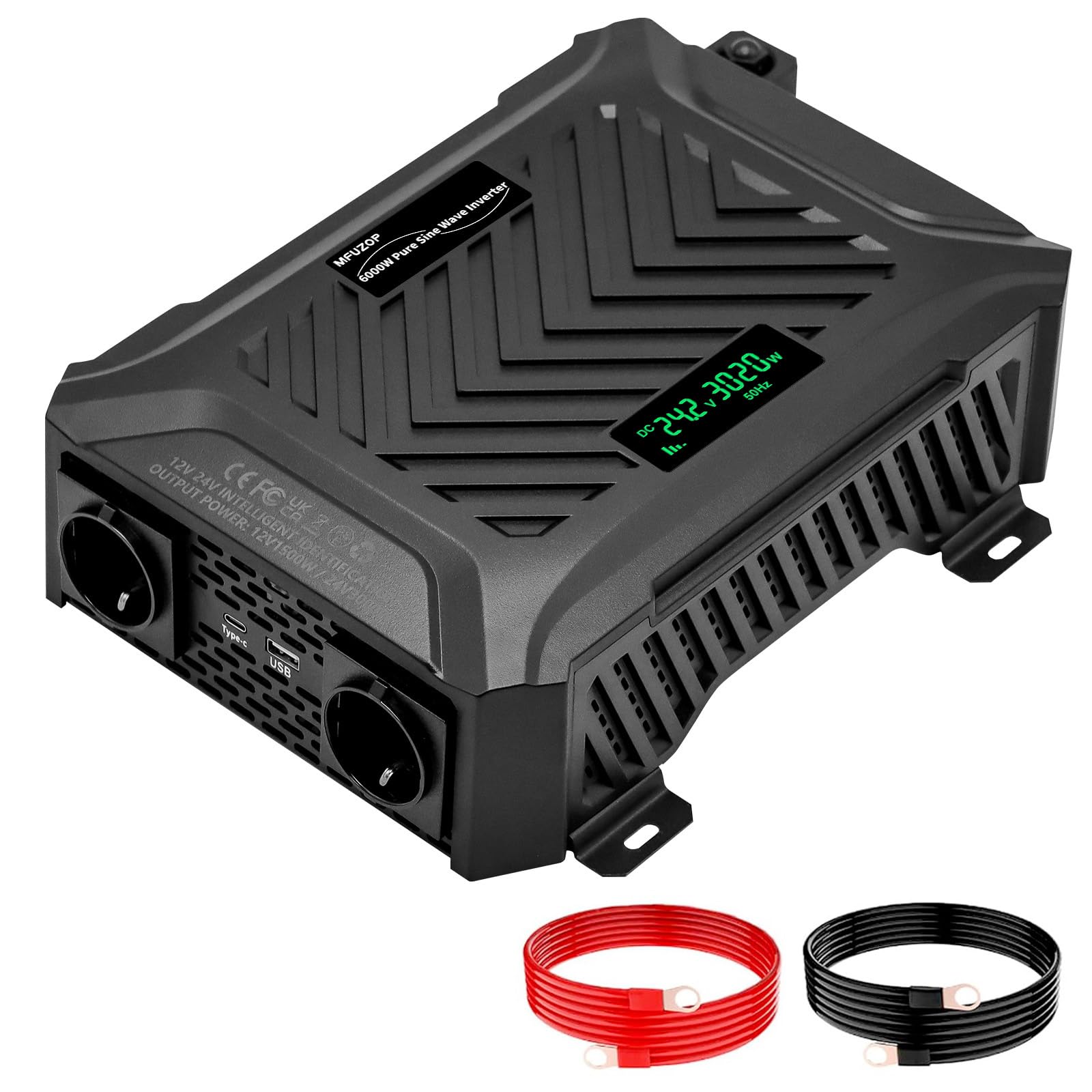 MFUZOP Power Inverter 12v 24V 220v onda pura 1500W/3000W Convertitore con sistema di rilevamento intelligente, con 2 prese AC, 1 porta Type-C, 1 porta USB 5V 2.1A & LCD-Display