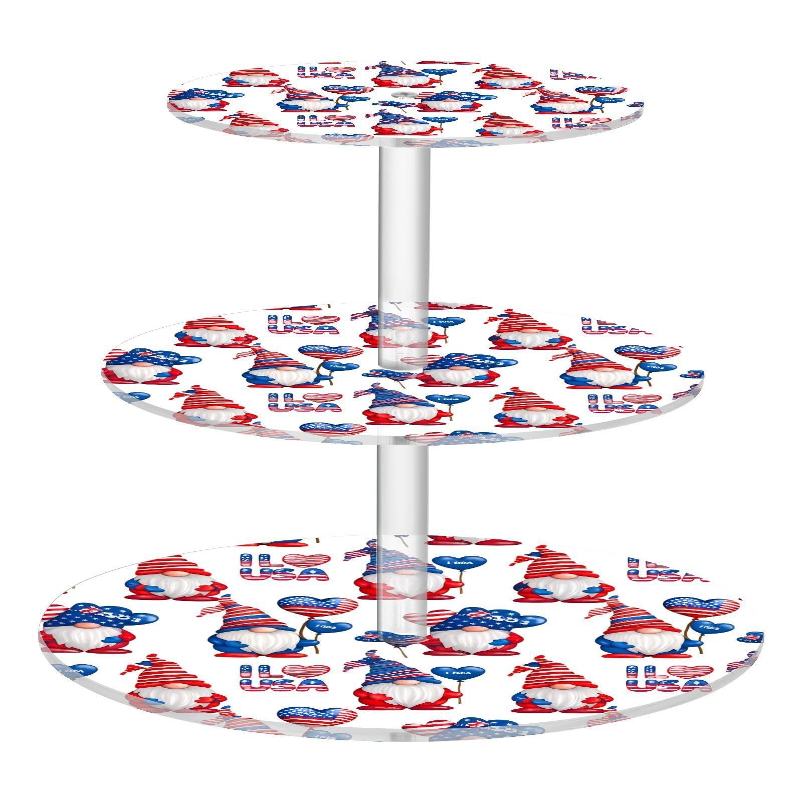 Nander 3 Tier Cupcake Stand,Independence Day Cute Gnomes Large Cupcake Tower Display, Round Cupcake Holder, Acrylic Dessert Stand, Pastry Display Tree for Party, Wedding, Baby Shower