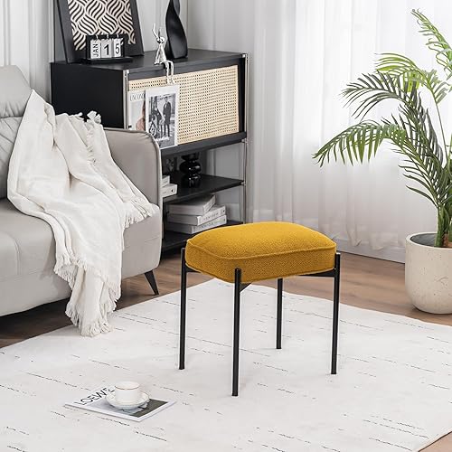 Miniatura 9 de YOUNIKE Cómodo taburete otomano de terciopelo Boucle bohemio pequeño taburete capitonado tapizado para maquillaje con patas de metal, bonito banco