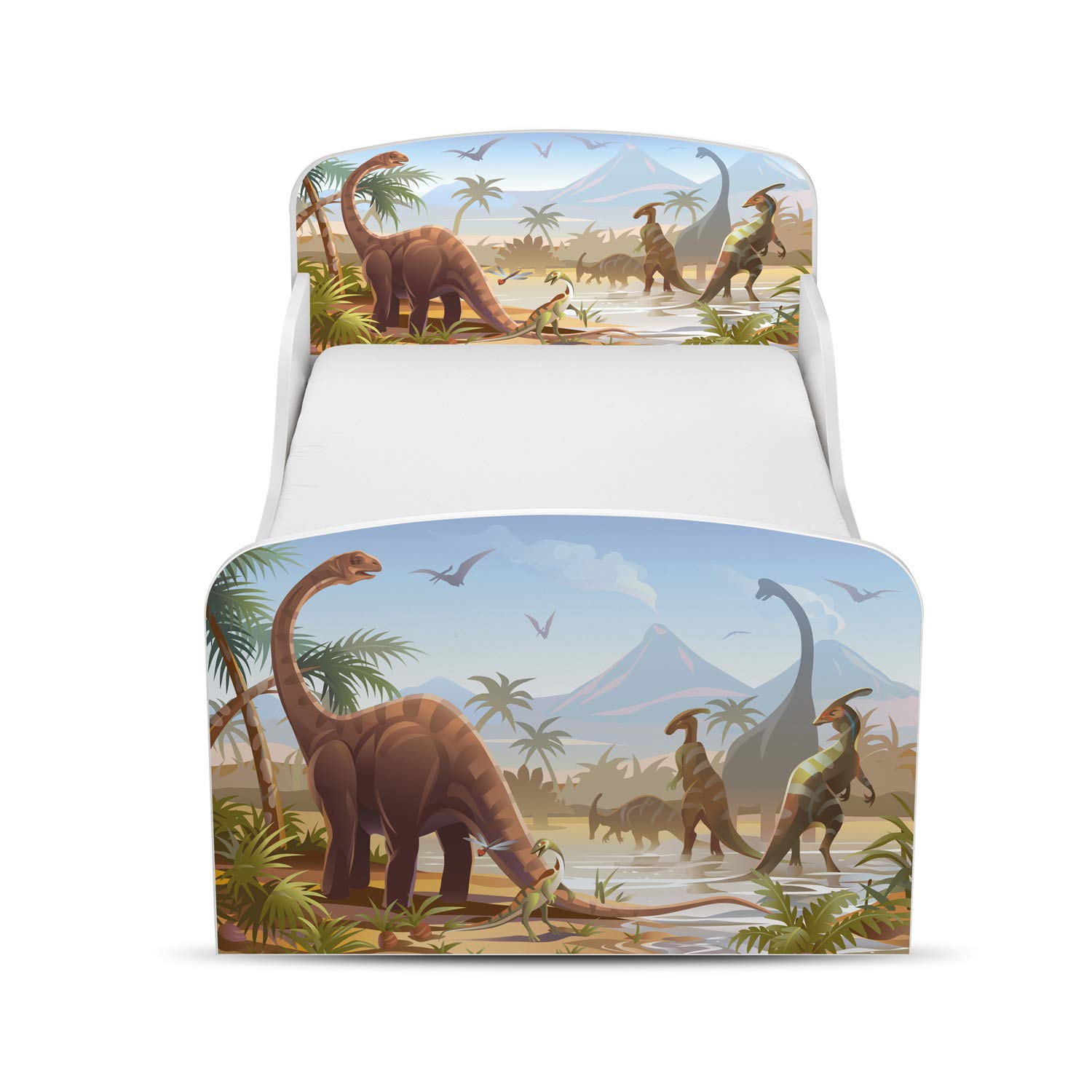 leomark Letto per bambini in legno, lettino con materasso, magnifiche stampe, spazio per dormire 140x70 cm, mobili per bambini, rete a doghe, atrezzatura stanza per bambino, motivo: DINOSAURI