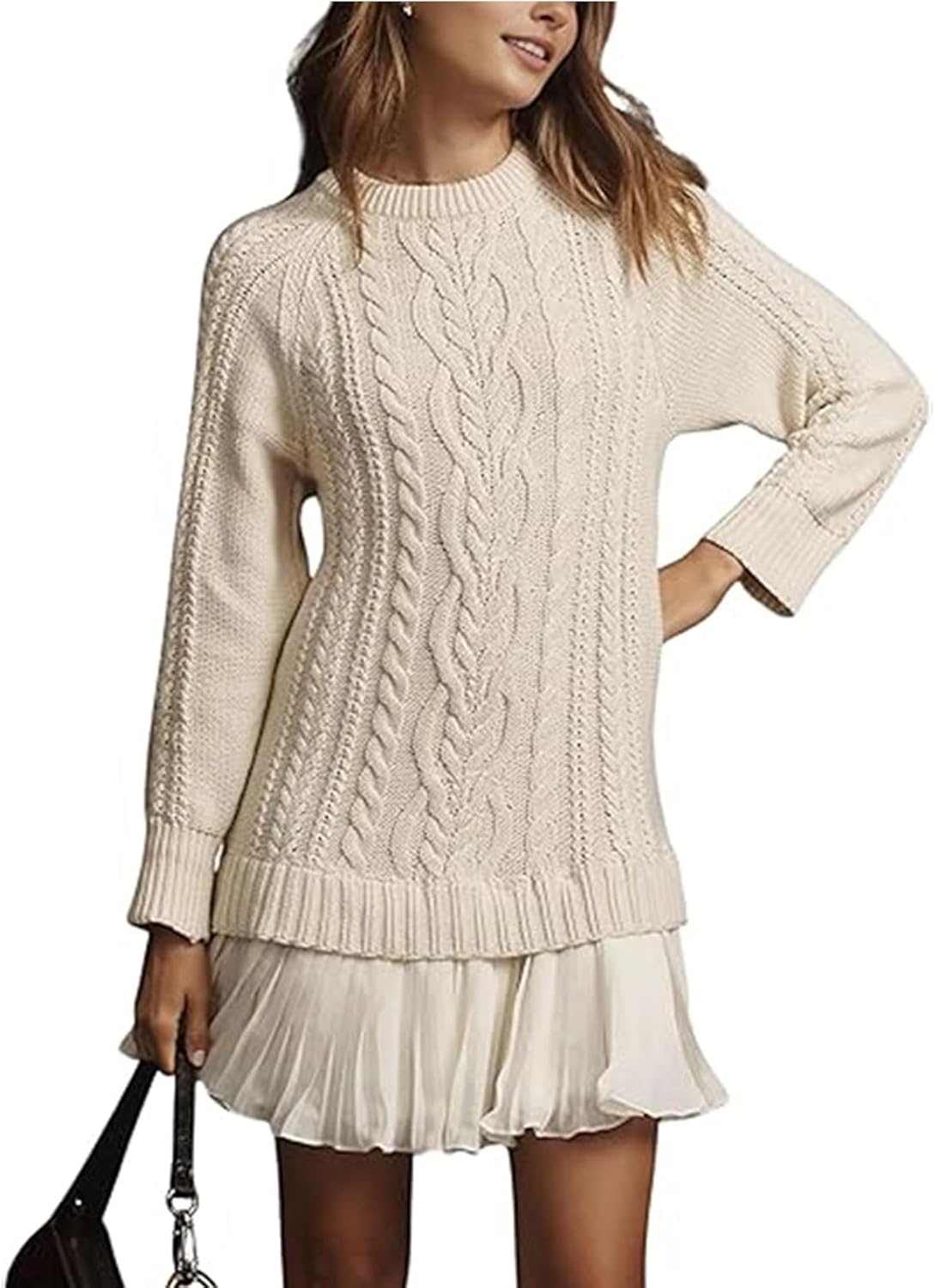 Women Cable Knit Sweater Dress Crewneck, Causal Crew Neck Long Sleeve Patchwork Pullovers Mini Dresses